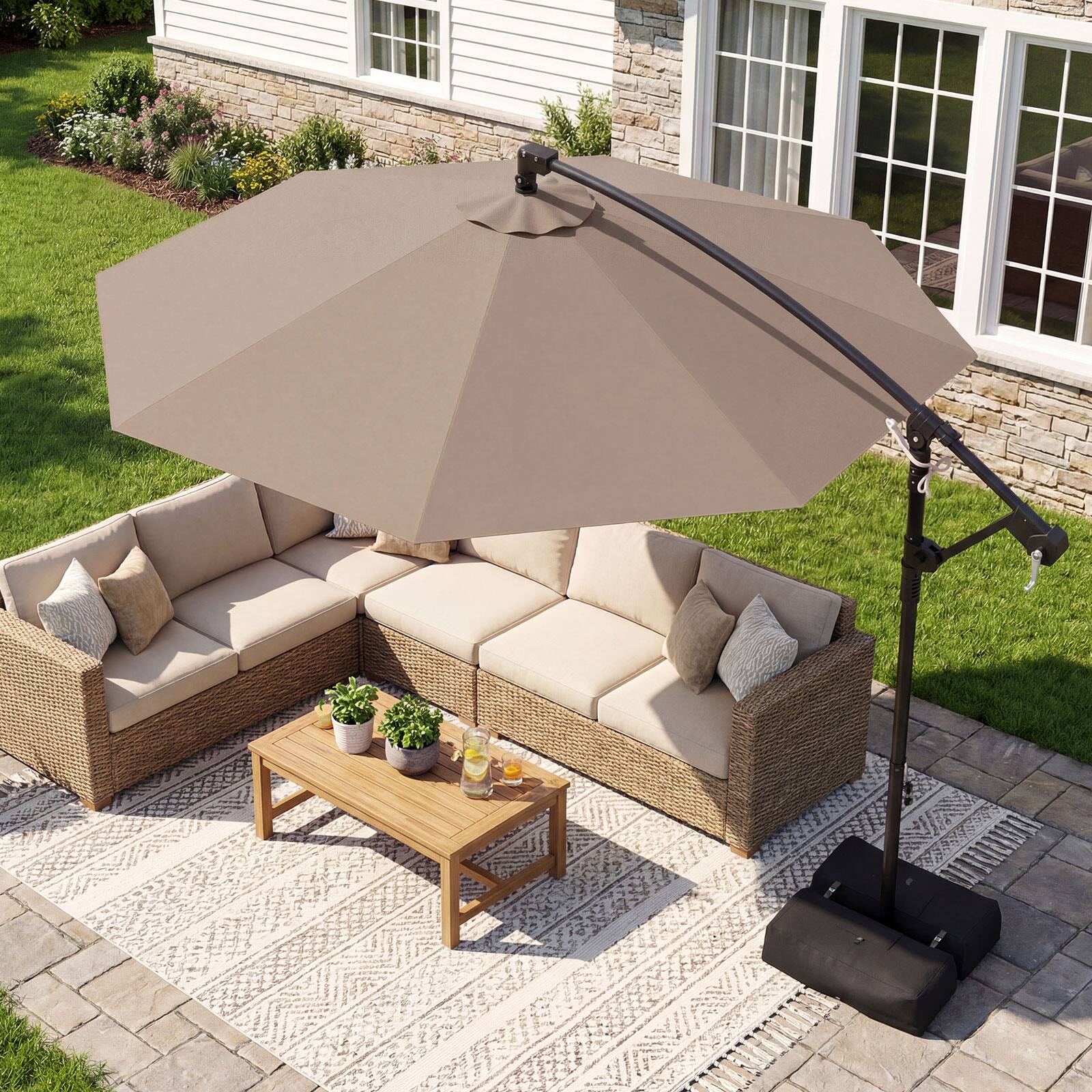 Alt View 4. Costway - Costway 10 FT Offset Hanging Umbrella with Base Patio Cantilever Umbrella 360° Rotation - Brown.