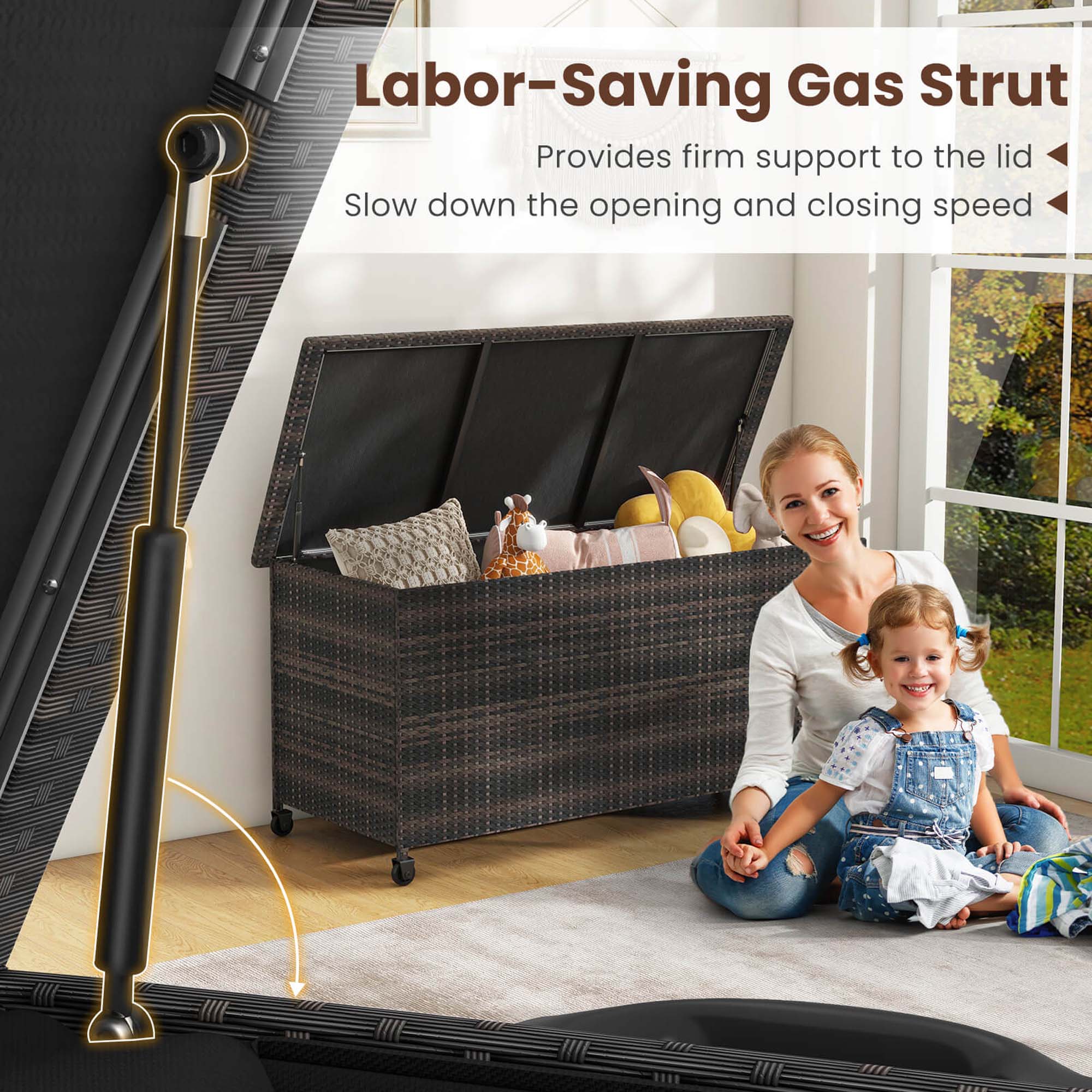 Labor-Saving Gas Strut  
Provides firm support to the lid  
Slow down the opening and closing speed
