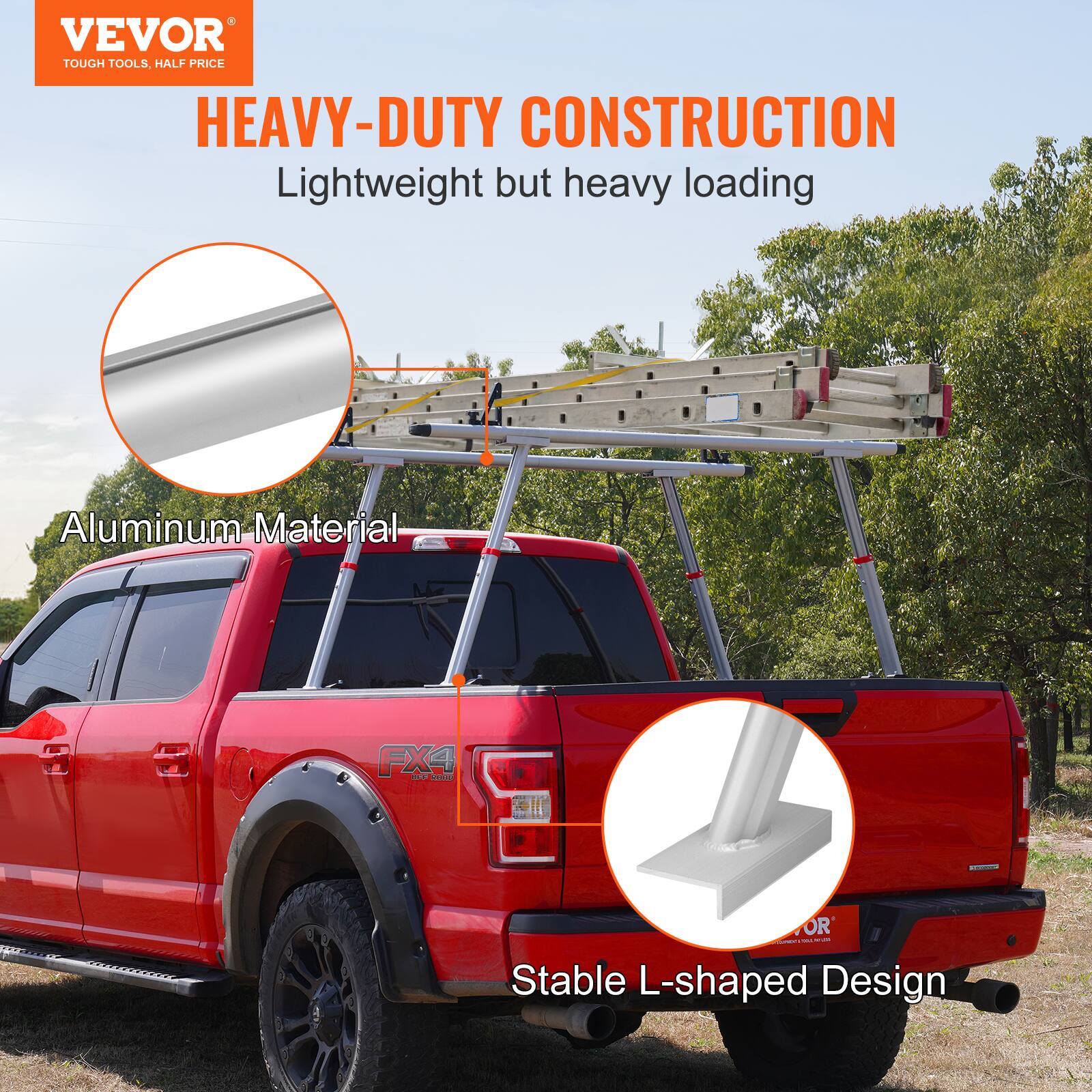 VEVOR  
TOUGH TOOLS, HALF PRICE  

HEAVY-DUTY CONSTRUCTION  
Lightweight but heavy loading  

Aluminum Material  

Stable L-shaped Design