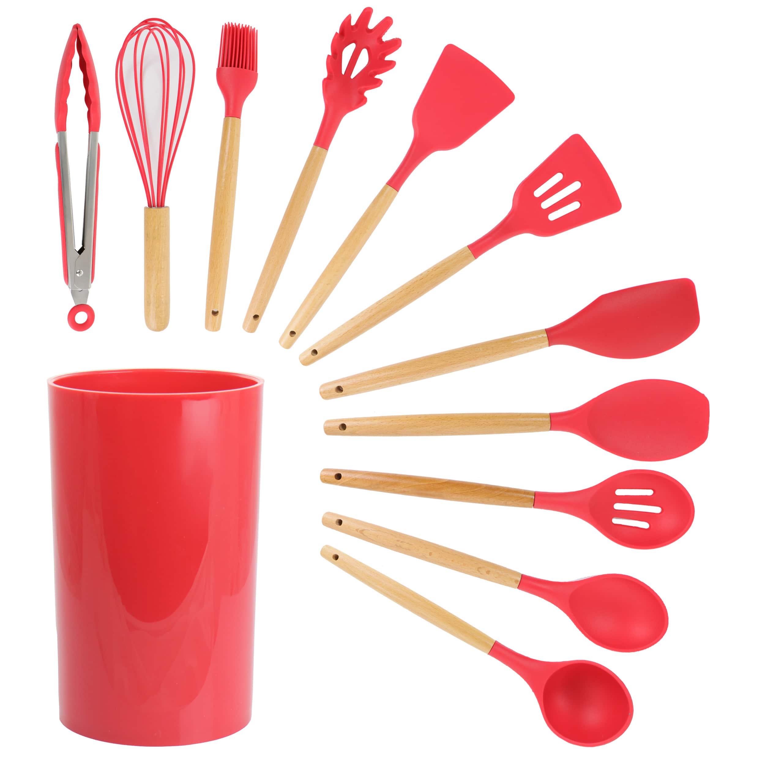 Front. MegaChef - MegaChef Red Silicone and Wood Cooking Utensils, Set of 12 - Red.