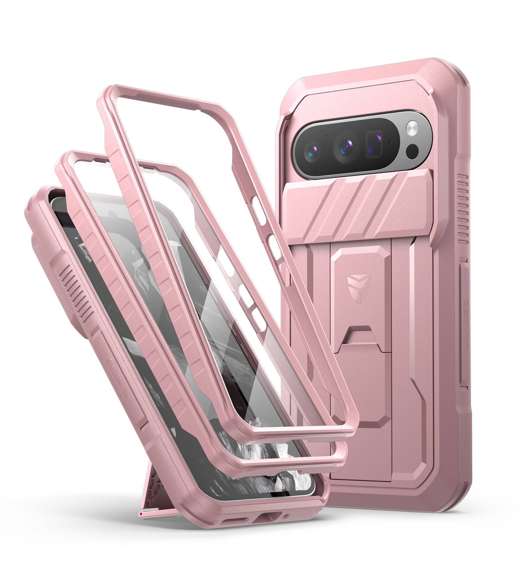 dexnor - Full-Body Cases for Google Pixel 9 Pro Black with Camera Cover, Built-in Screen Protector & Kickstand - Peony Pink