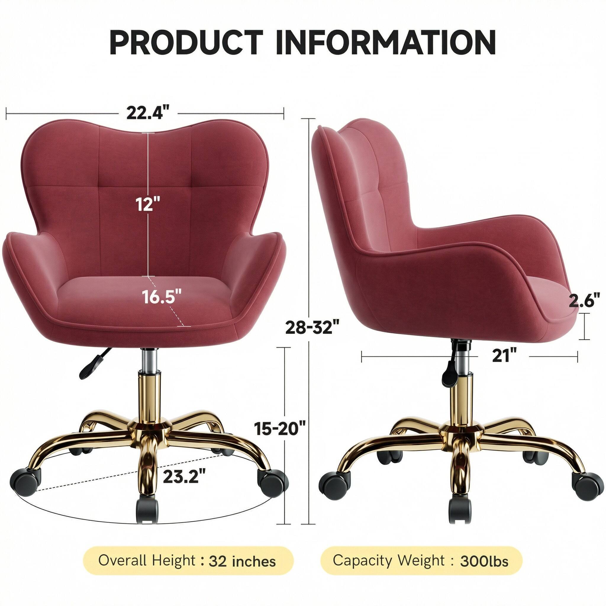 PRODUCT INFORMATION

- Overall Height: 32 inches
- Capacity Weight: 300lbs

Dimensions:
- Width: 22.4"
- Depth: 16.5"
- Height: 12"
- Seat Height: 28-32"
- Seat Depth: 21"
- Seat Width: 28-32"
- Armrest Height: 2.6"
- Base Diameter: 15-20"
- Base Width: 23.2"
