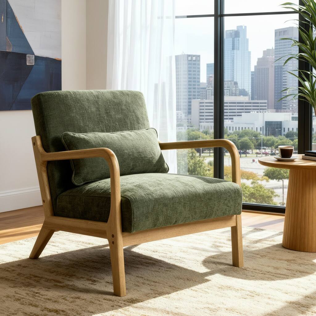 Alt View 6. Forest'nSky - Natural  Wood Mid Century Modern Office Chair with Solid Wood Frame & Lumbar Pillow with Army Green Cushion - Army Green.
