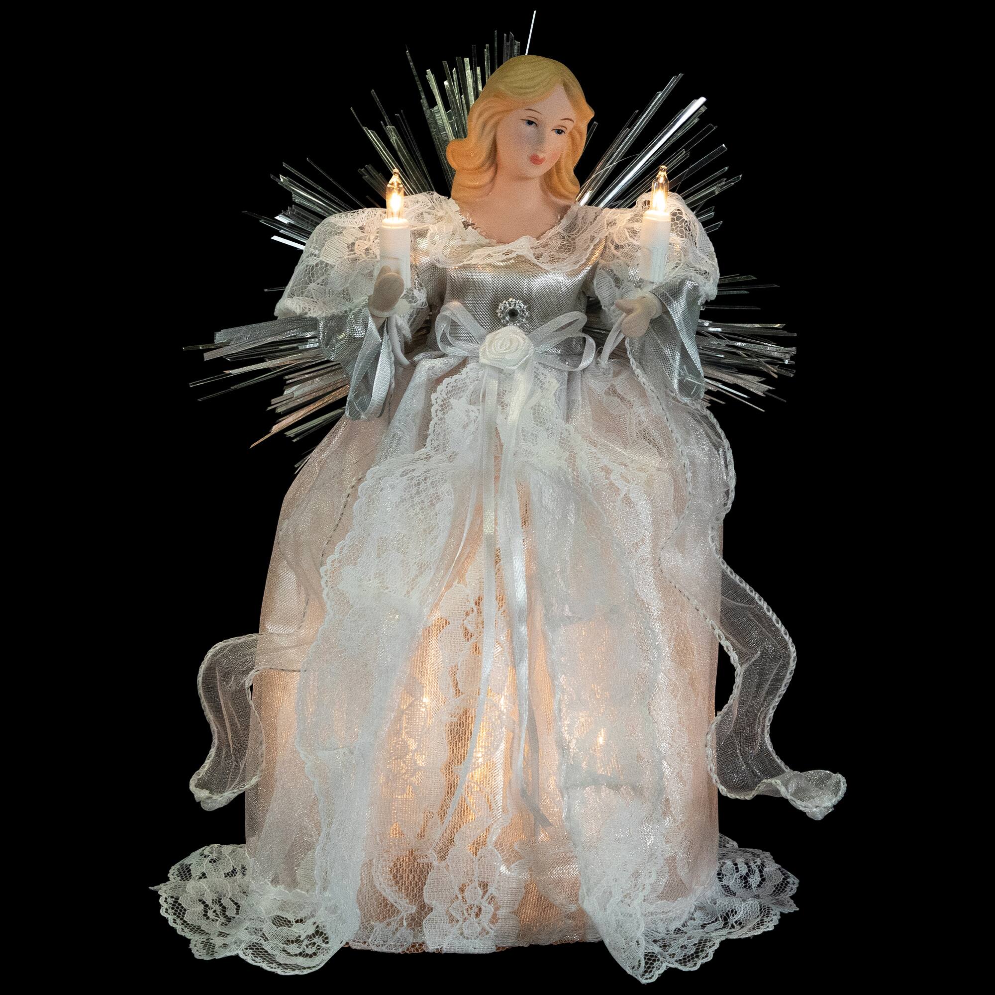 Northlight - Lighted Angel with Candle Christmas Tree Topper - 10.5” - Clear Lights - Silver