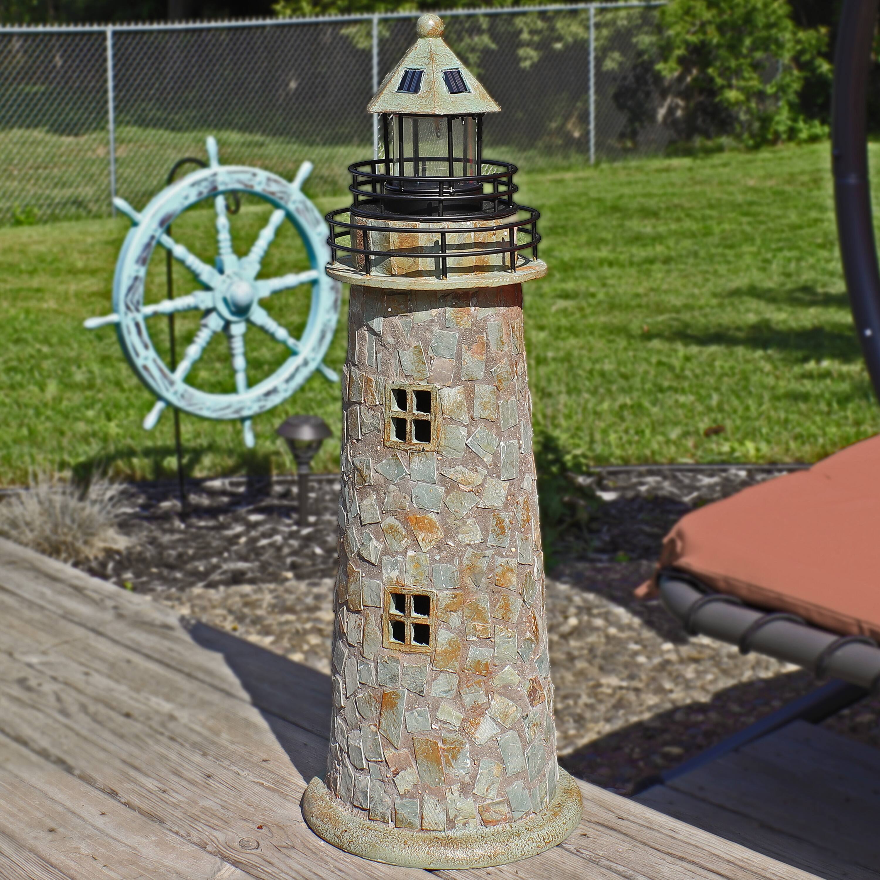 Alt View 3. Sunnydaze - 25 in Resin and Cobblestone Solar LED Lighthouse Nautical Statue - Grey.
