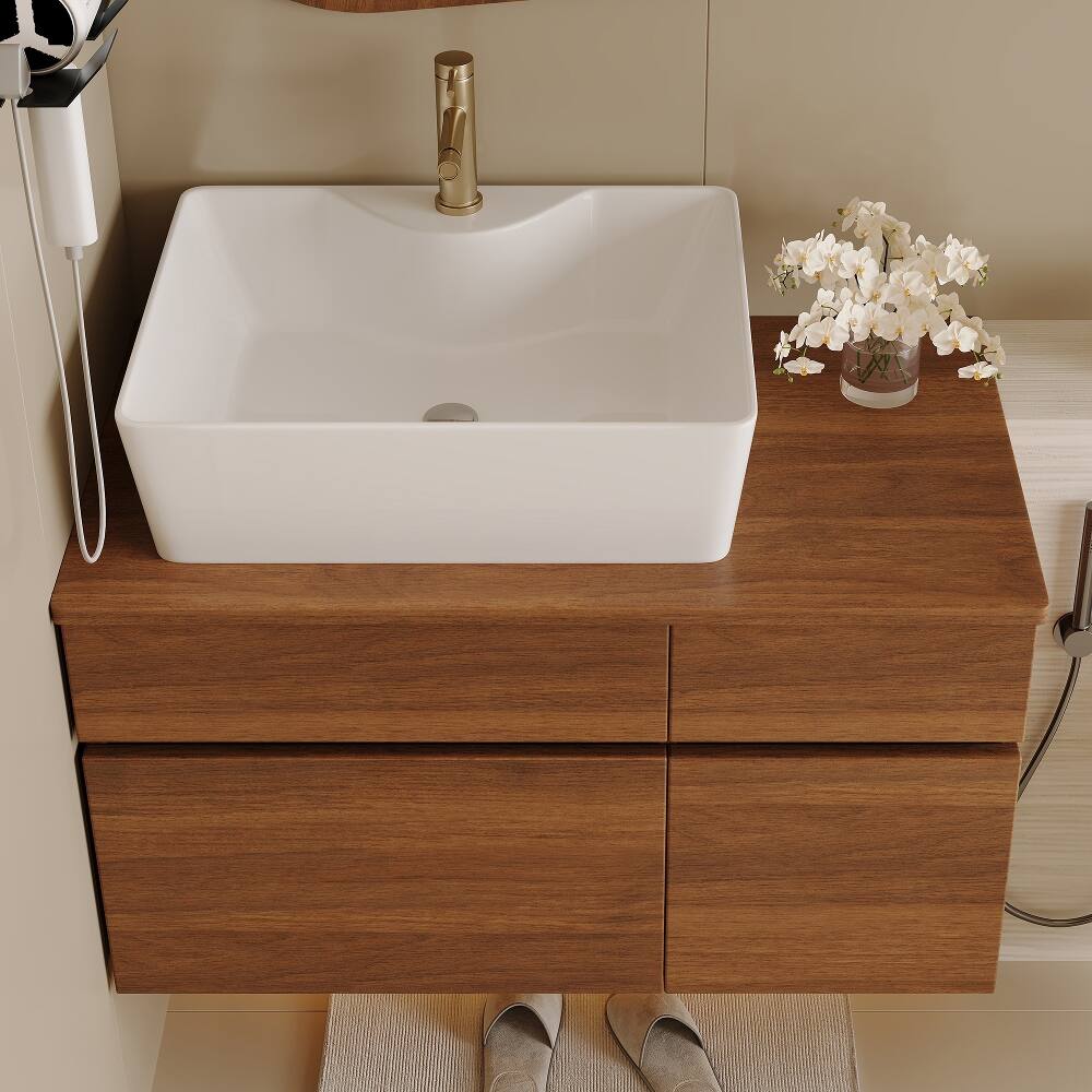 Back. Loheer - Loheer 31.5 inch floating bathroom vanity Walnut and White Single Sink Vanity with Vessel Ceramic Sink - White, Walnut.