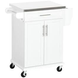 PULUZ - Kitchen Island on Wheels, Rolling Kitchen Cart with Stainless Steel Countertop, Drawer, Towel Rack and Spice Rack - White