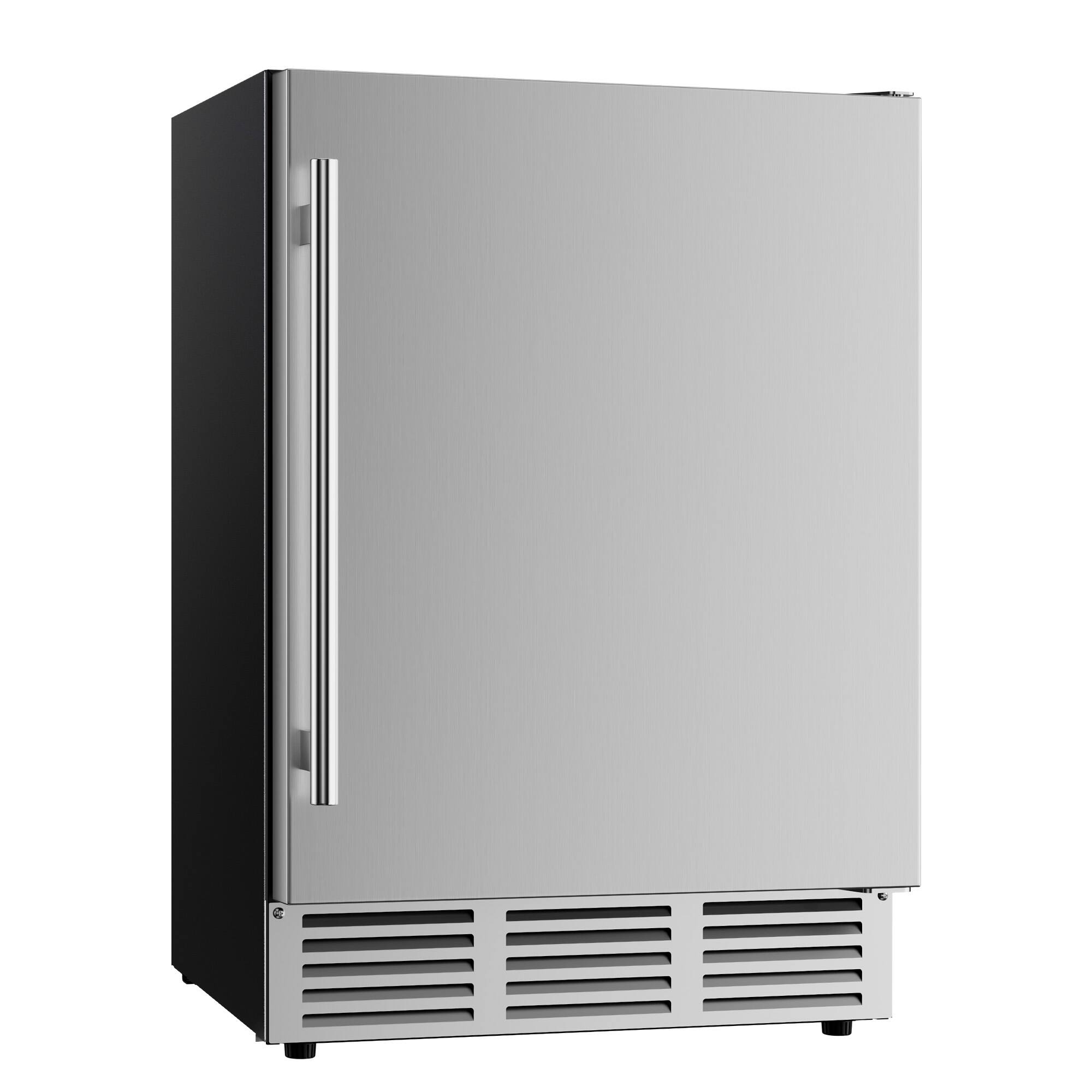 Angle. SIMZLIFE - 24 Inch Under Counter Beverage Refrigerator - 180 Cans Capacity, for Patio/Kitchen, Home & Commercial Use - Silver Stainless Steel.