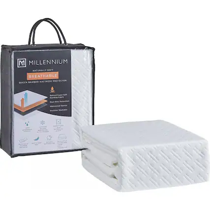MILLENNIUM NATURALLY SOFT BREATHABLE BAMBOO MATTRESS PROTECTOR QUEEN
Natural Super Soft Bamboo Fabric Dust Mite Protection Waterproof Barrier Machine Washable
MOISTURE PERFECTORIPA QUIET SKIRT WICKING to WATERPROOF keeps you cool, 00-30 protection dy comfortable
Works with N adjustable bed
1g EXTENDS MIGRIE SOFT QUIET LIFE mattress types seric MATTRESS Hybrie Pocketed Coll