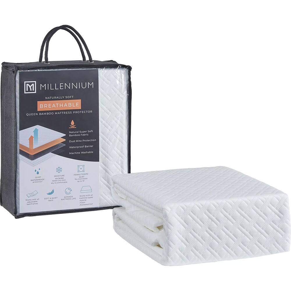 MILLENNIUM NATURALLY SOFT BREATHABLE BAMBOO MATTRESS PROTECTOR QUEEN

Natural Super Soft Bamboo Fabric Dust Mite Protection Waterproof Barrier Machine Washable

MOISTURE PERFECTORIPA QUIET SKIRT WICKING to WATERPROOF keeps you cool, 00-30 protection dy comfortable

Works with N adjustable bed

1g EXTENDS MIGRIE SOFT QUIET LIFE mattress types seric MATTRESS Hybrie Pocketed Coll