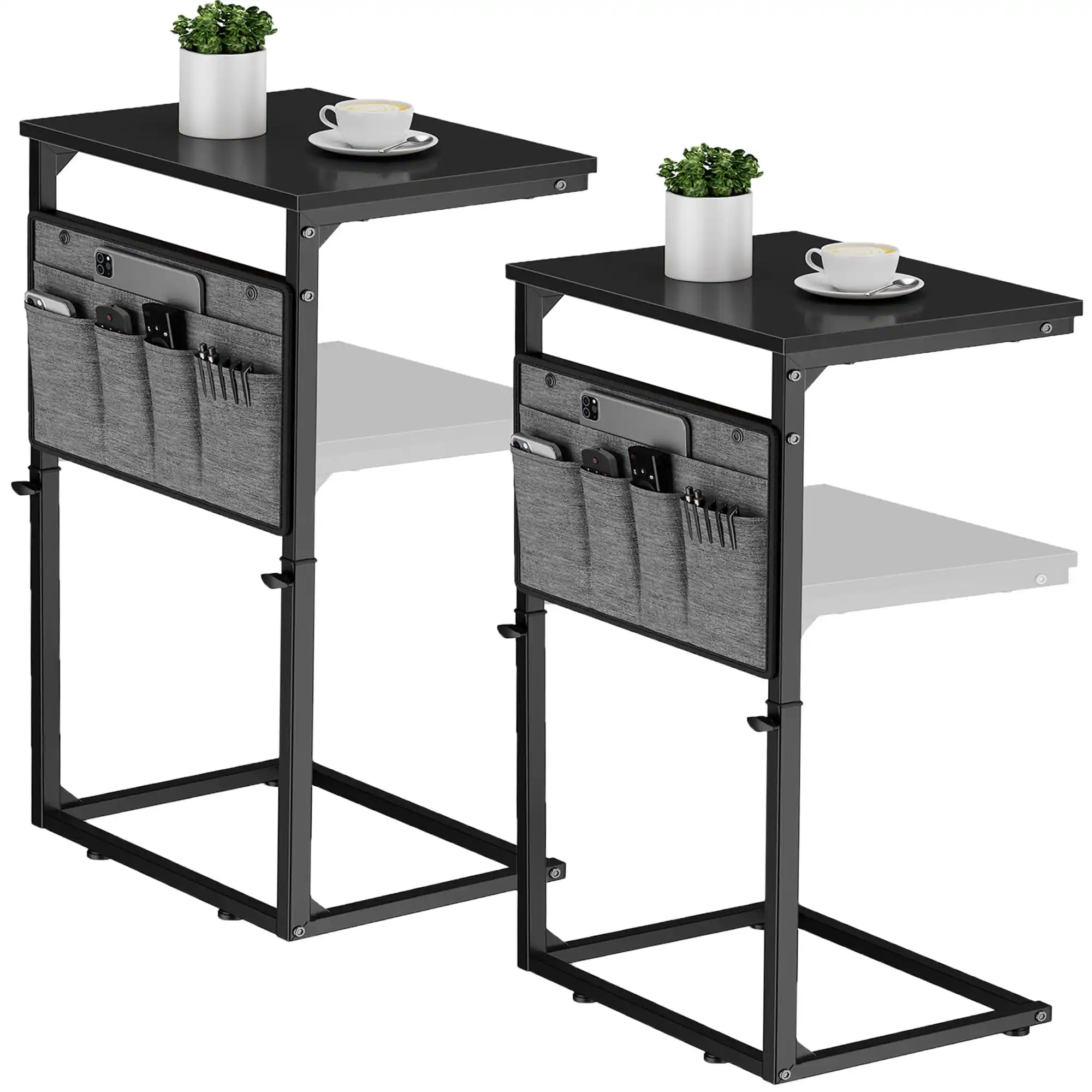 Fabibe - C Shaped End Table 33'' Tall Side For Couch Adjustable Height Small Spaces Slide Under Sofa Tv Tray Arm - Black 2pc 16.35"D x 11.62"W x 17.7-32.5"H