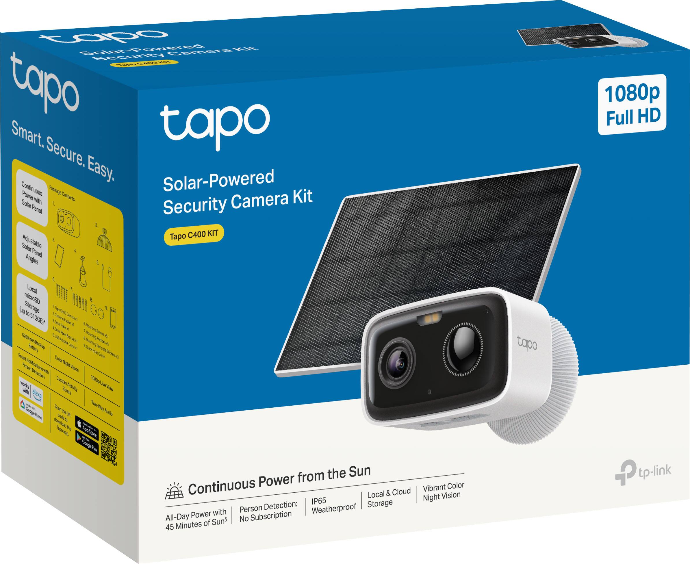 Sure, here is the corrected and grouped text from the image:

---

**tapo**

**Solar-Powered Security Camera Kit**

**Tapo C400 KIT**

**Smart. Secure. Easy.**

- **Continuous Power from the Sun**
  - All-Day Power with 45 Minutes of Sun
  - No Subscription

- **Person Detection:**
  - Weatherproof (IP65)

- **Local & Cloud Storage**

- **Vibrant Color Night Vision**

**1080p Full HD**

**Adjustable Solar Panel Angles**

**Local microSD Storage (up to 64GB)**

**Tapo App**

**tp-link**

---

This text is organized to reflect the key features and information presented on the packaging.