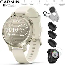 Garmin - Lily 2 Active Smartwatch Lunar Gold with Band + Charging Dock Bundle - Lunar Gold with Bone Silicone Band - (2024)