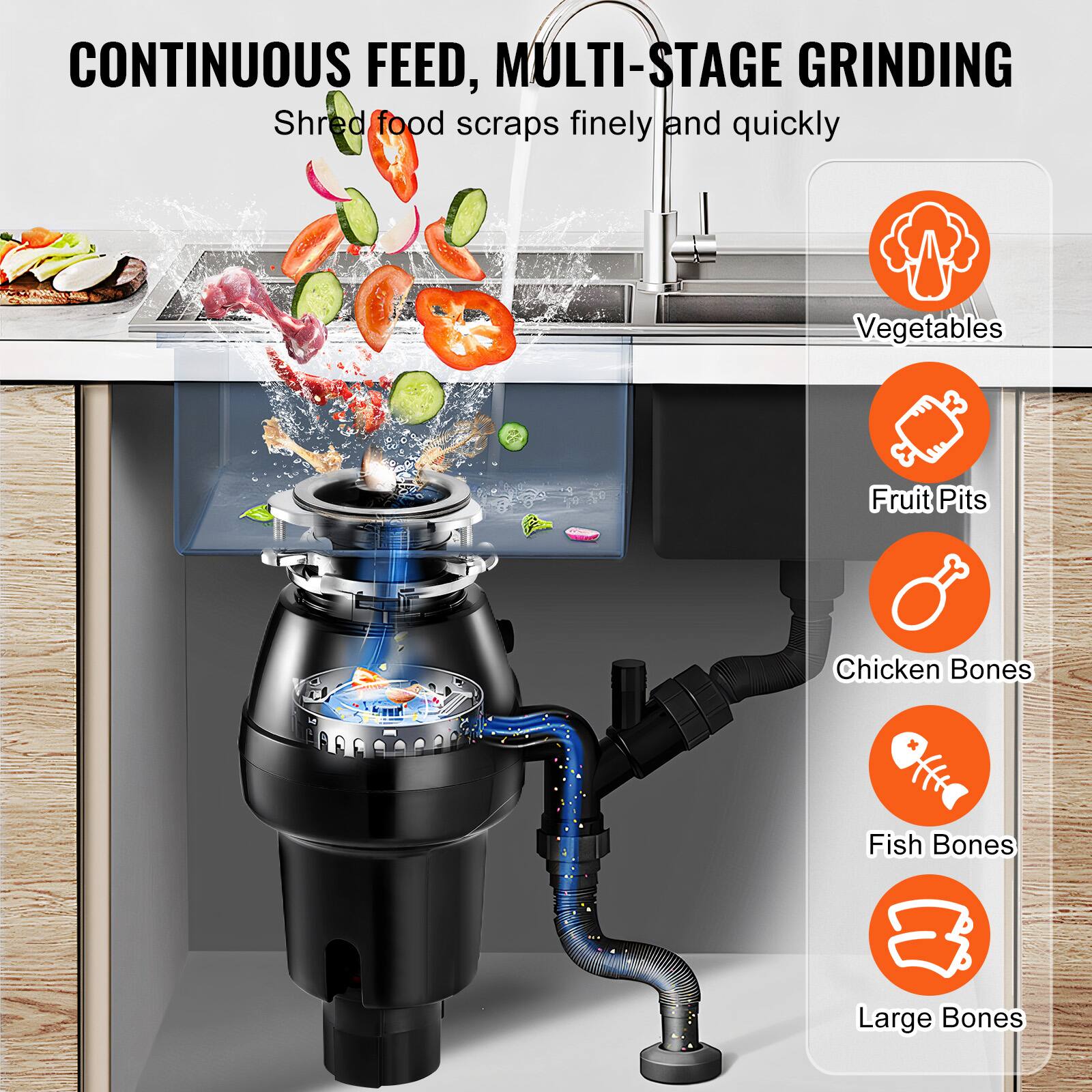 CONTINUOUS FEED, MULTI-STAGE GRINDING  
Shred food scraps finely and quickly  
Vegetables  
Fruit Pits  
Chicken Bones  
Fish Bones  
Large Bones