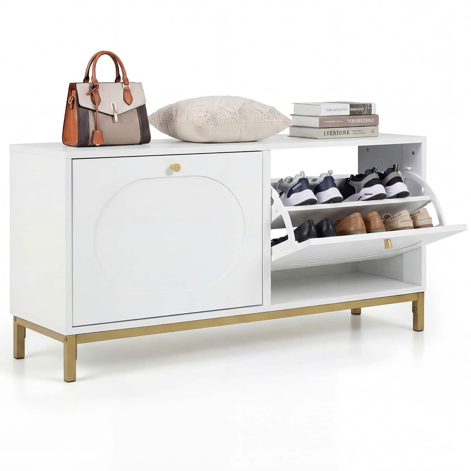 Gymax - Shoe Storage Bench Narrow Entryway Bench w/ 2 Flip Drawers & Adjustable Shelves - White