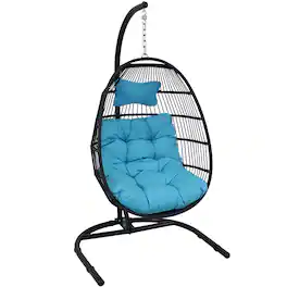 Sunnydaze - Resin Wicker Hanging Egg Chair with Steel Stand/Cushions - Blue
