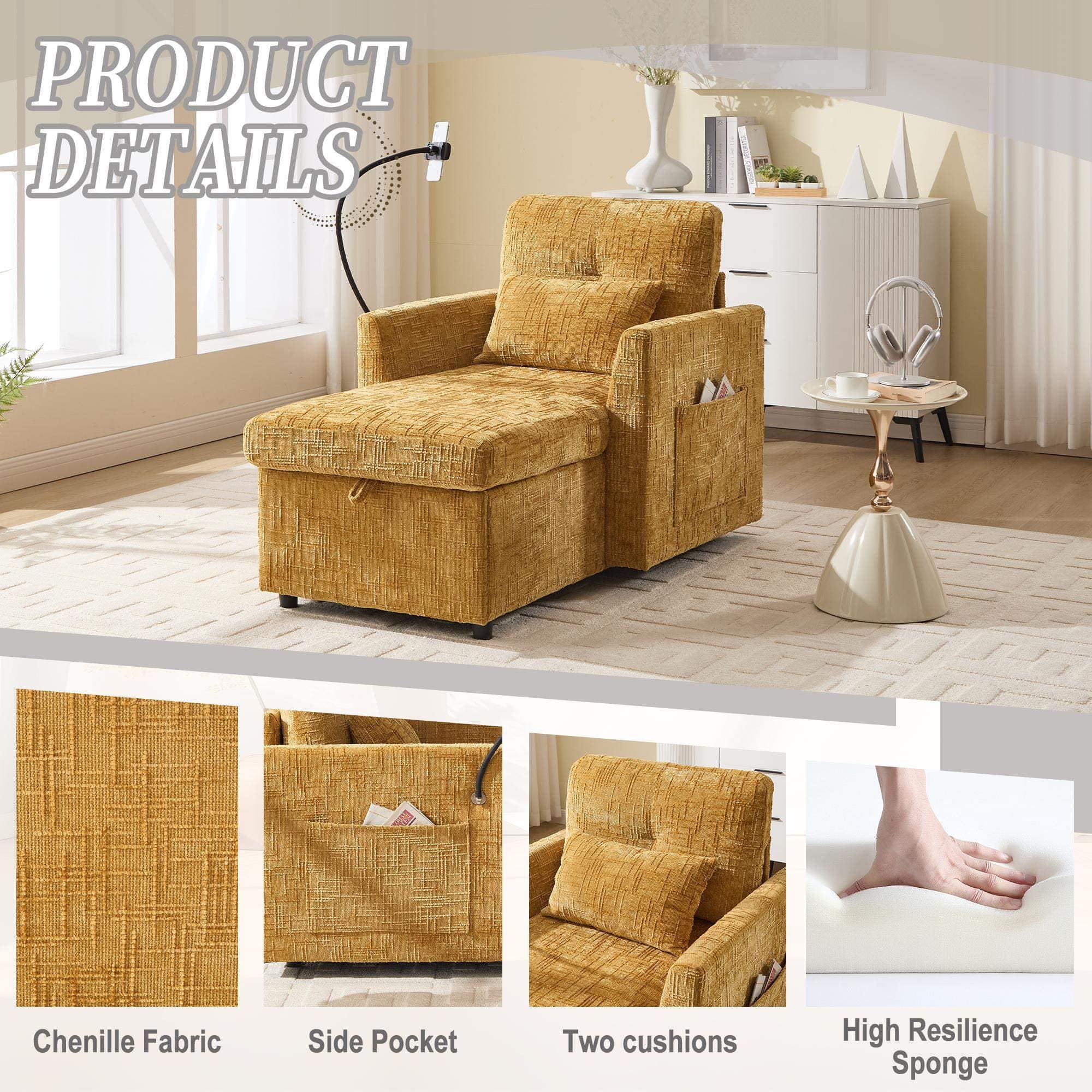 Roomtec - Multifunctional lazy person sofa recliner can be stored storage backrest with cell phone bracket chenille single - Mustard yellow