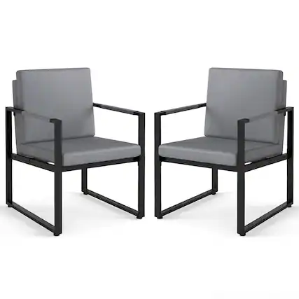 Front. Costway - Costway Modern Accent Chair Set of 2 PU Leather Upholstered Armchairswith Solid Metal Fram - Gray + Black.