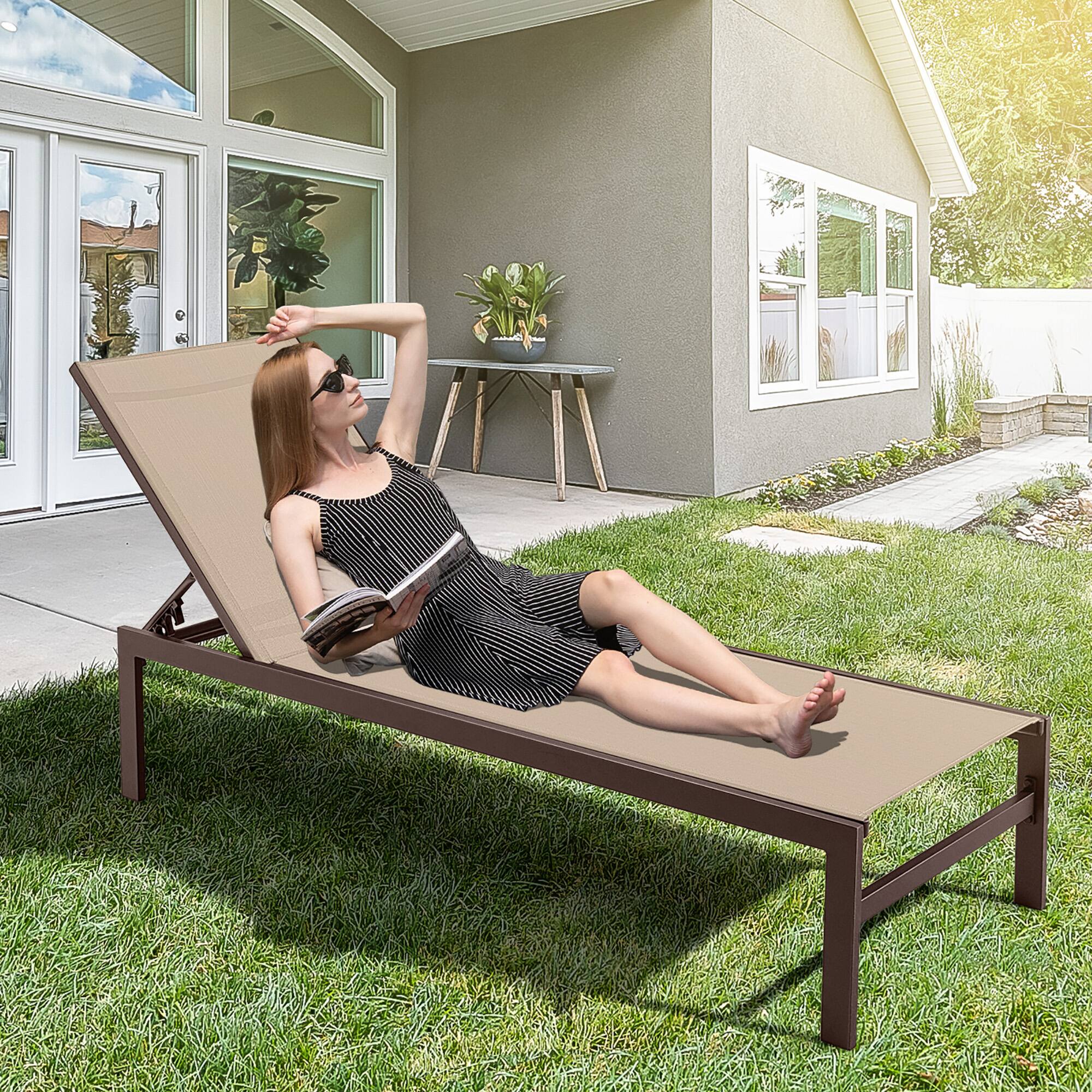 Alt View 1. Gymax - Gymax Aluminum Patio Chaise Lounge Outdoor Adjustable Lounge Chair W/ 6-Position Backrest - Brown.