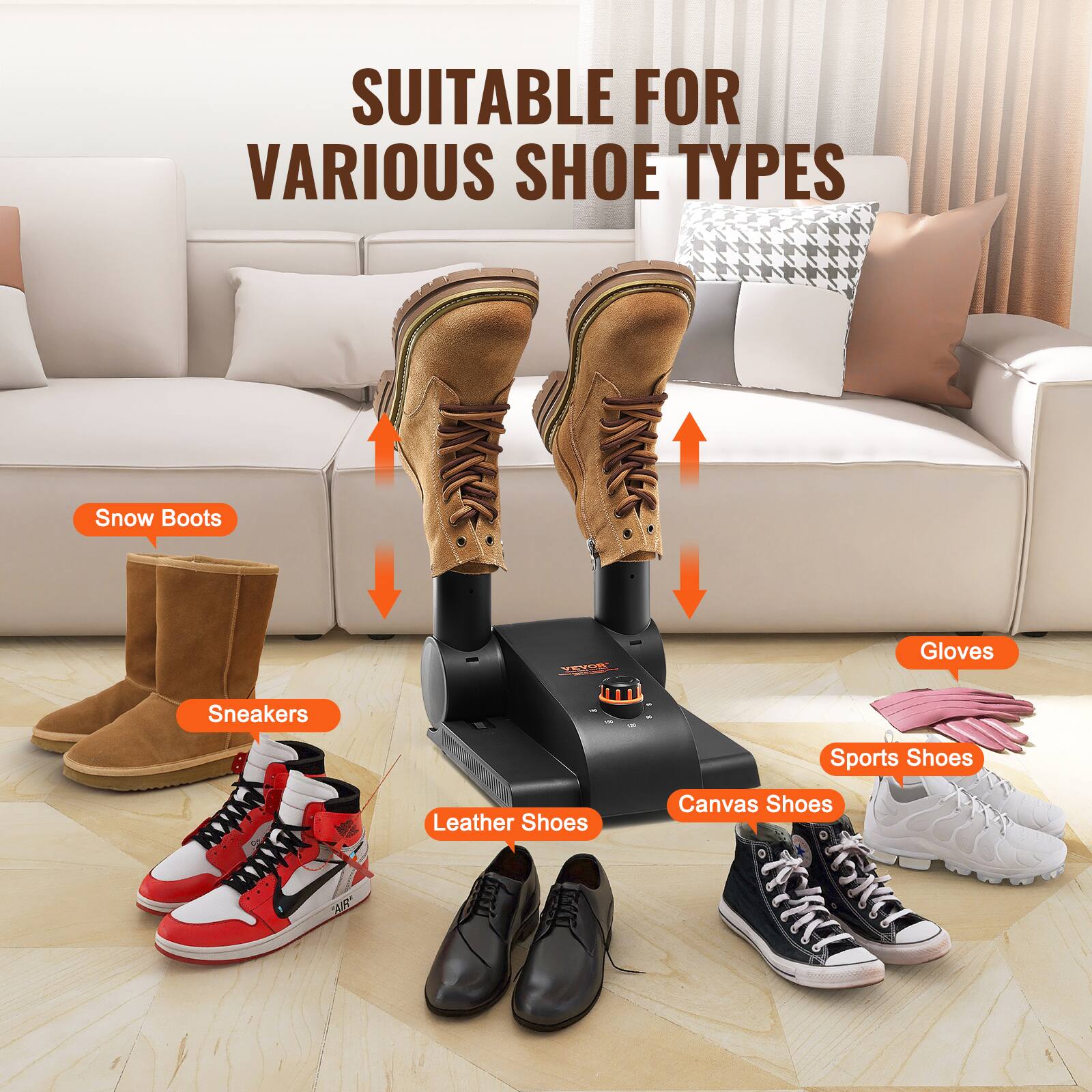 SUITABLE FOR VARIOUS SHOE TYPES

- Snow Boots
- Sneakers
- Leather Shoes
- Canvas Shoes
- Sports Shoes
- Gloves