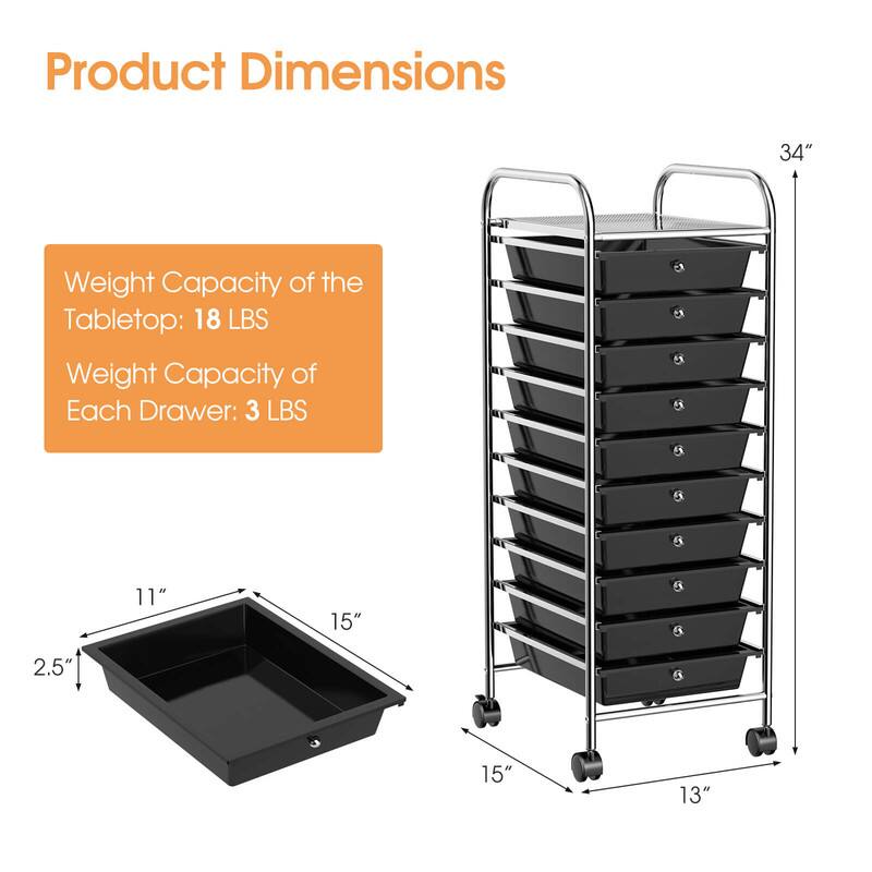 Product Dimensions: 34"  
Weight Capacity of the Tabletop: 18 LBS  
Weight Capacity of Each Drawer: 3 LBS  
Dimensions: 11" x 15" x 2.5"