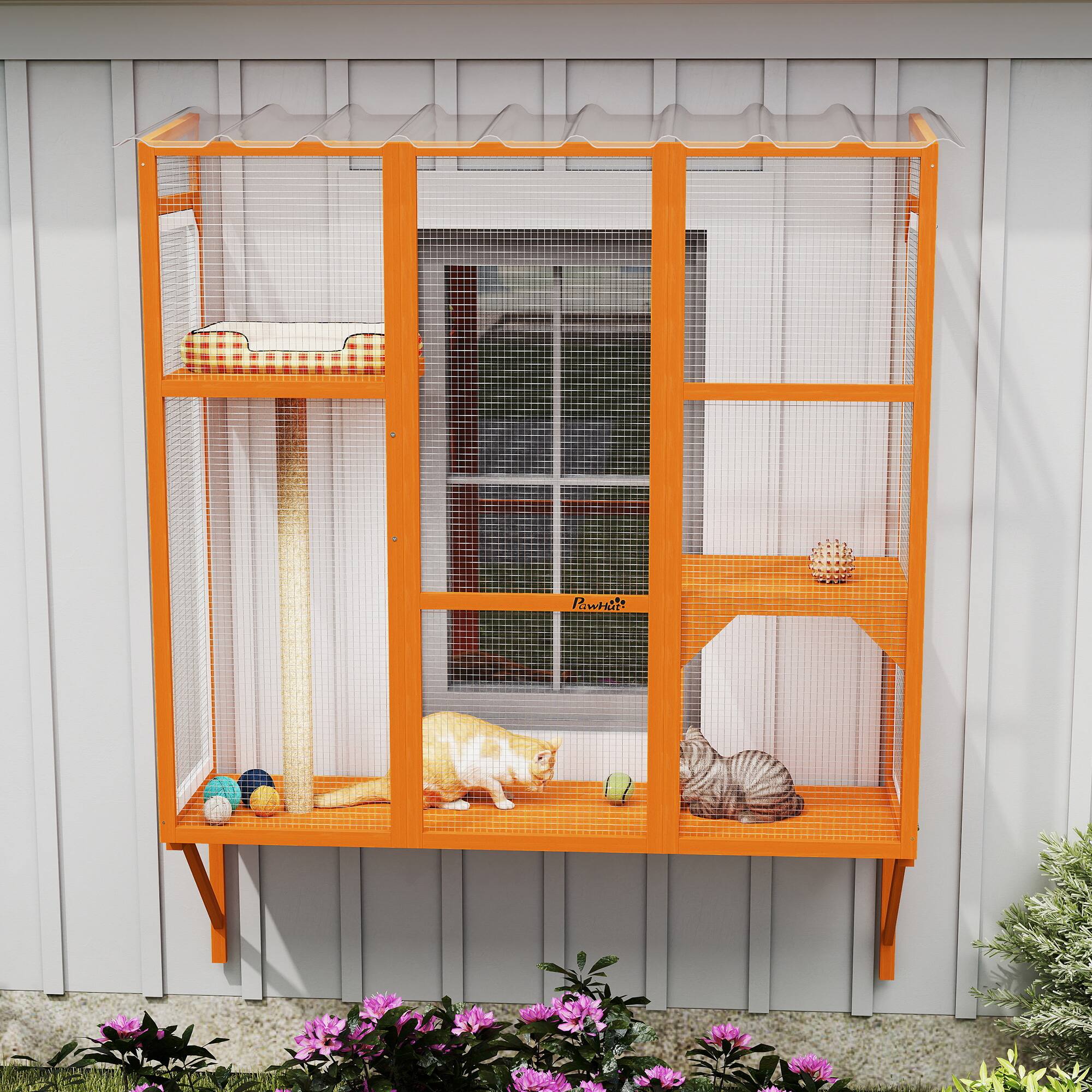 Alt View 8. Pawhut - Outdoor, Window Catio for 2-3 Large Indoor Cats w/ 2 Jumping Platforms, Scratching Post - Orange.