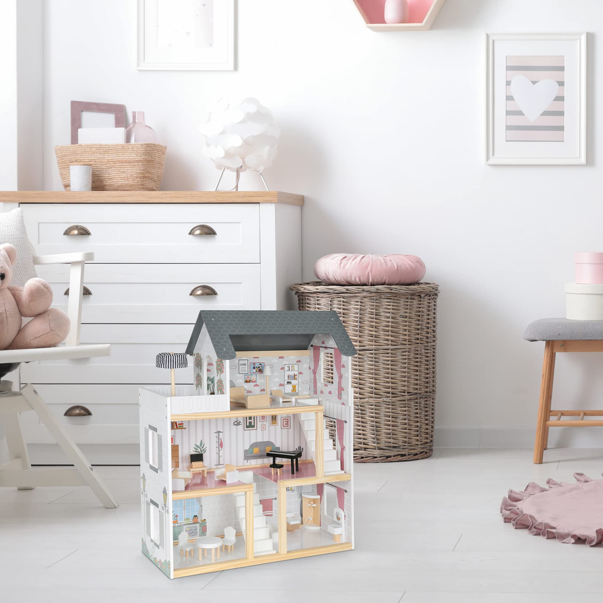 Alt View 8. Lil' Jumbl - Large Wooden Dollhouse, 3 Story Doll House with Furniture, Stairs & Accessories - Grey.