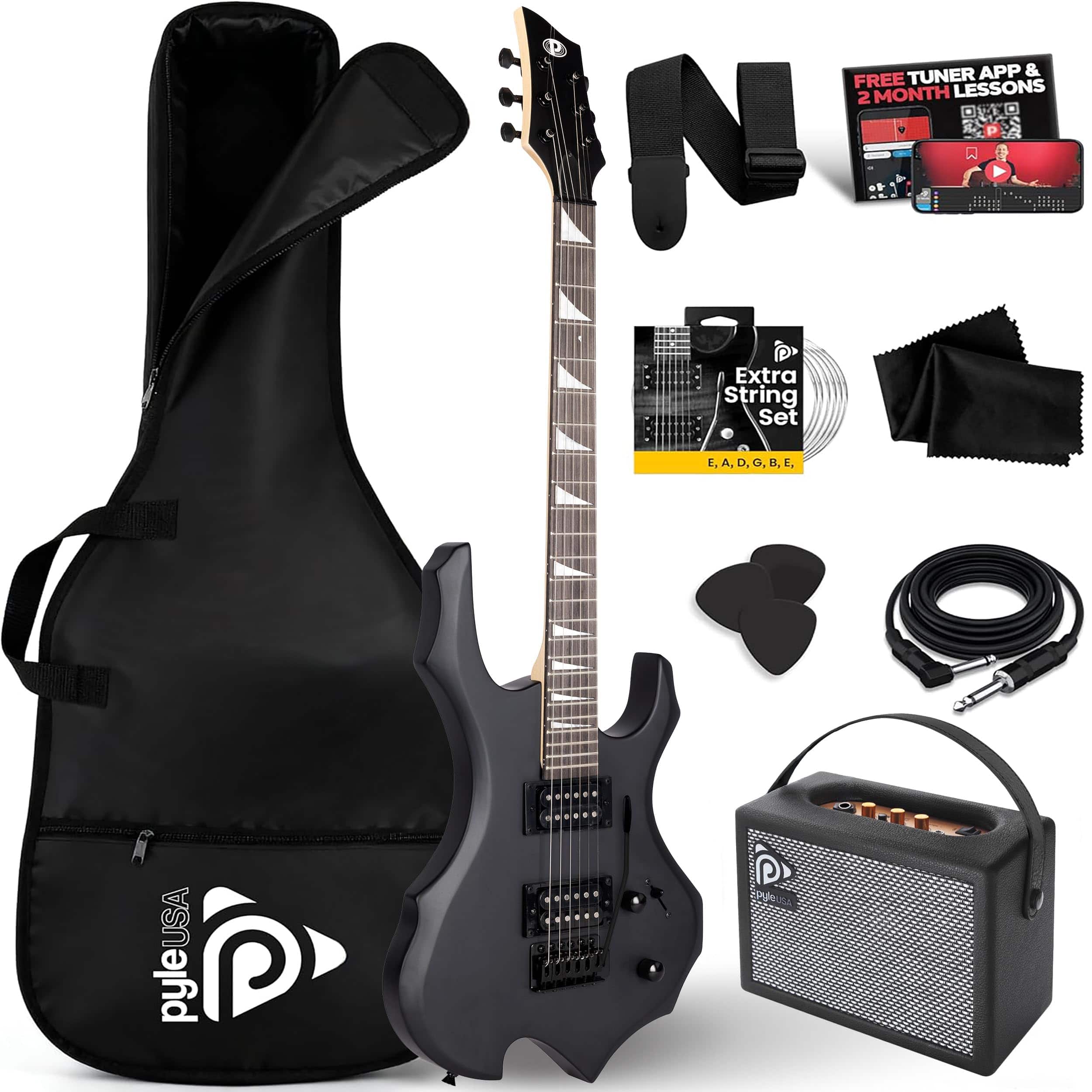 Pyle - Heavy Metal EG Fire Electric Guitar Axe with Amp Kit, 39" Full Size, PMGTRKT101 - Black