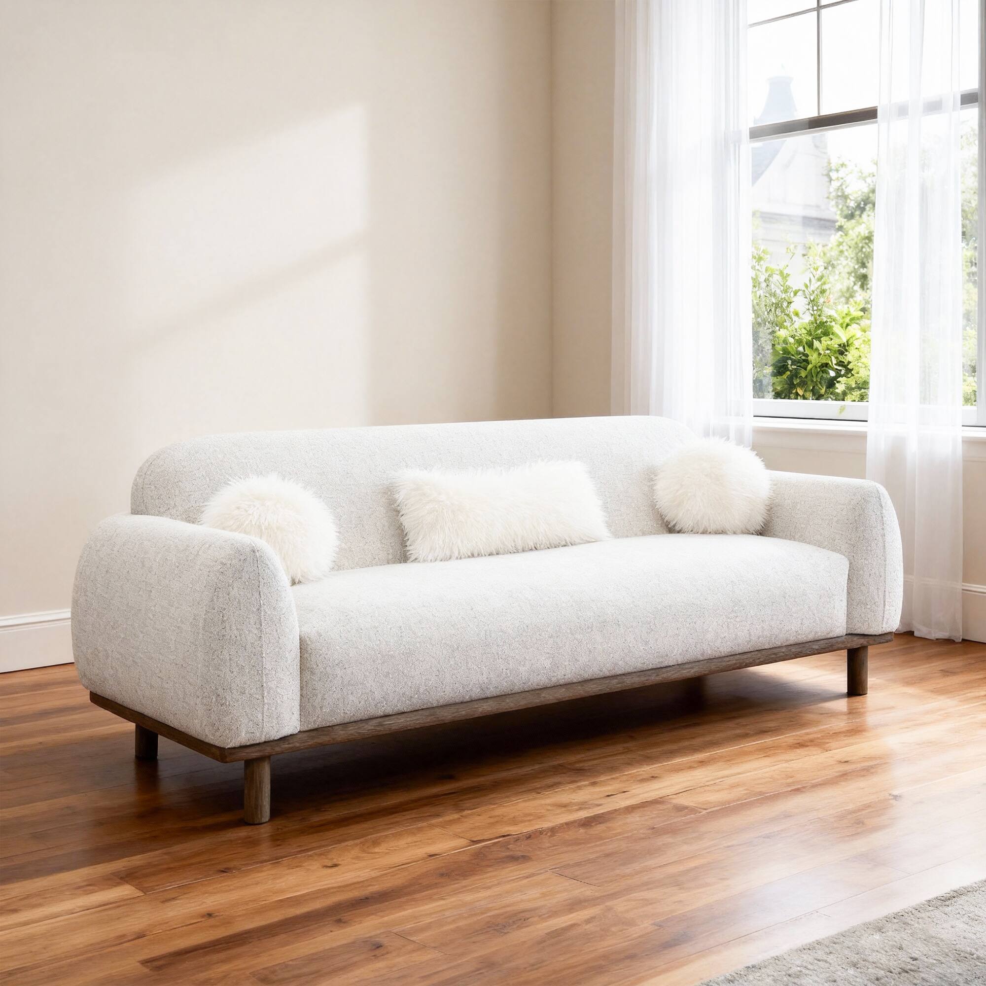 Back. Vaczon - Cozy Bench-Style Sofa with Soft Cushioning and Plush Accent Pillows, Ideal for Family Room or Lounge - Oat.