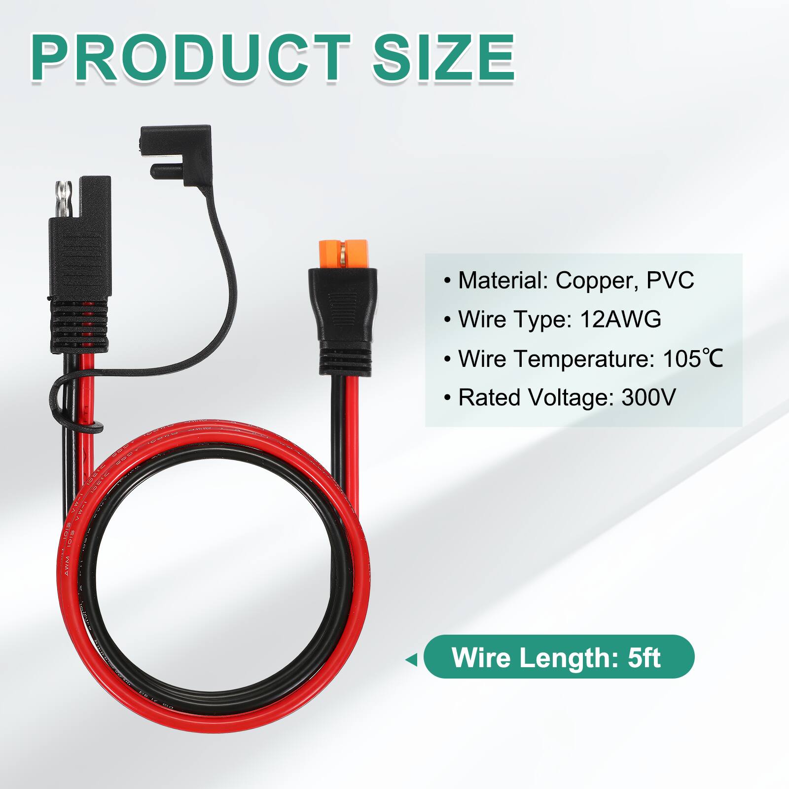 PRODUCT SIZE

- Material: Copper, PVC
- Wire Type: 12AWG
- Wire Temperature: 105°C
- Rated Voltage: 300V

Wire Length: 5ft