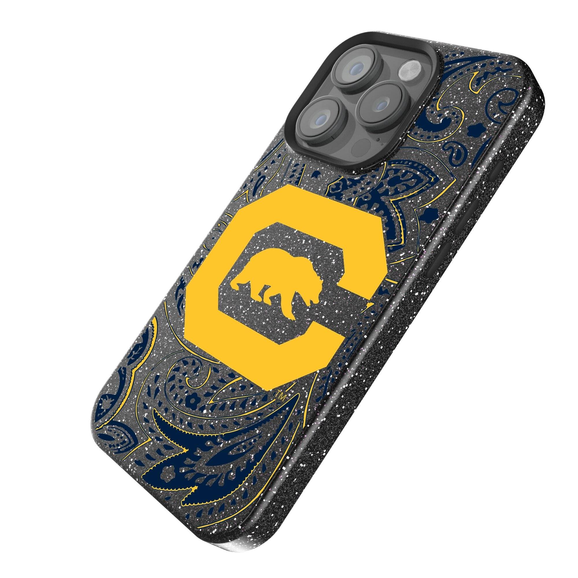 Alt View 1. Keyscaper - Cal Bears Paisley Bling iPhone Case - 14 Pro Max - Black.