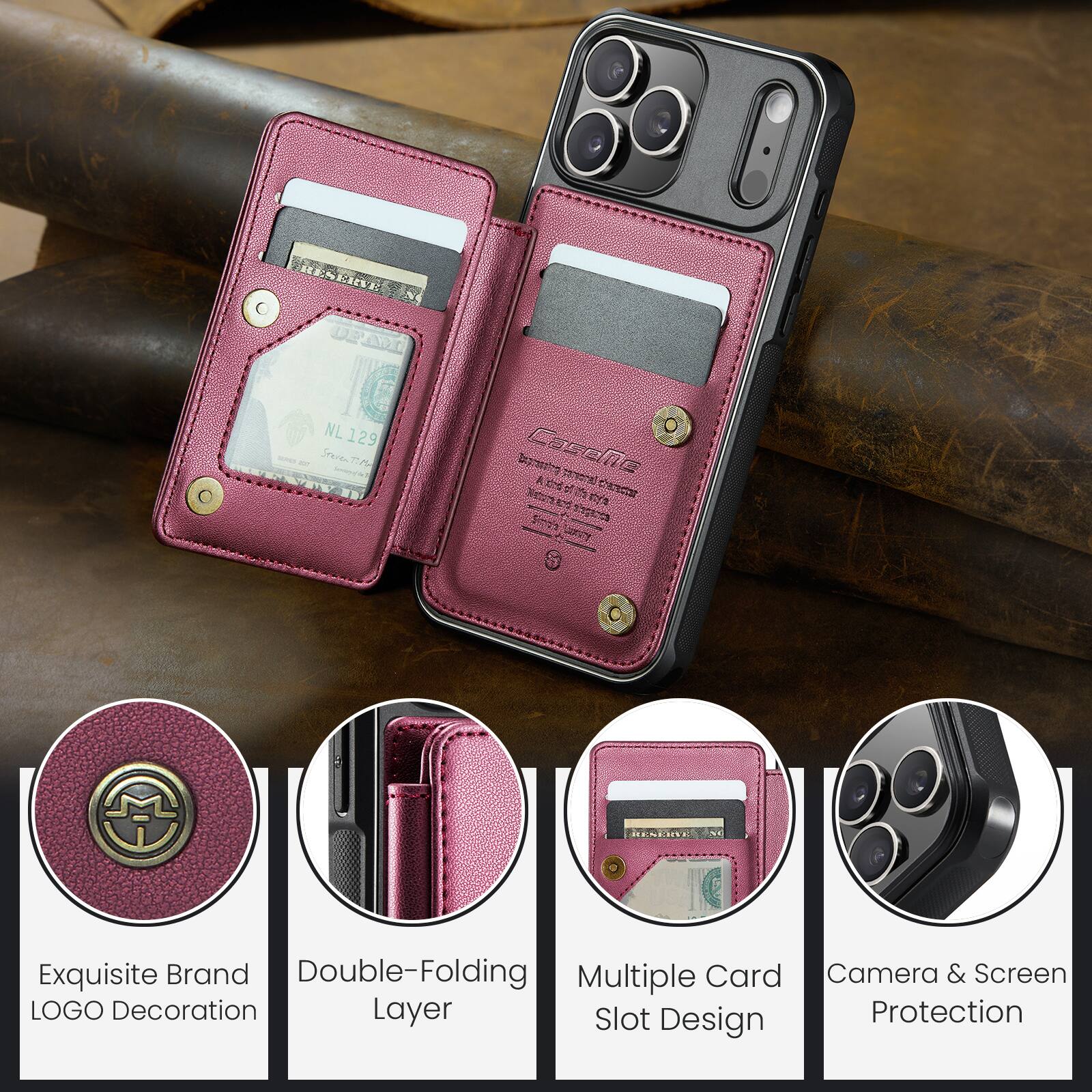 UP IG NL 129 Stots bina Casehe ptoa A do nhotrar ganc Exquisite Brand Double-Folding Multiple Card Camera & Screen LOGO Decoration Layer Slot Protection Design