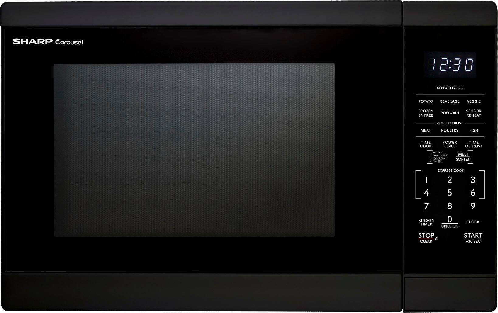 SHARP Carousel

SENSOR COOK  
POTATO BEVERAGE VEGGIE  
FROZEN POPCORN SENSOR REHEAT  
ENTREE AUTO DEFROST  
MEAT POULTRY FISH  
TIME COOK POWER TIME LEVEL DEFROST  
1 CHOCOLATE 2 ICE CREAM 3 CHEESE MELT SOFTEN  
EXPRESS COOK  
1 2 3 4 5 6 7 8 9  
KITCHEN TIMER UNLOCK CLOCK  
STOP CLEAR START +30 SEC  

12:30