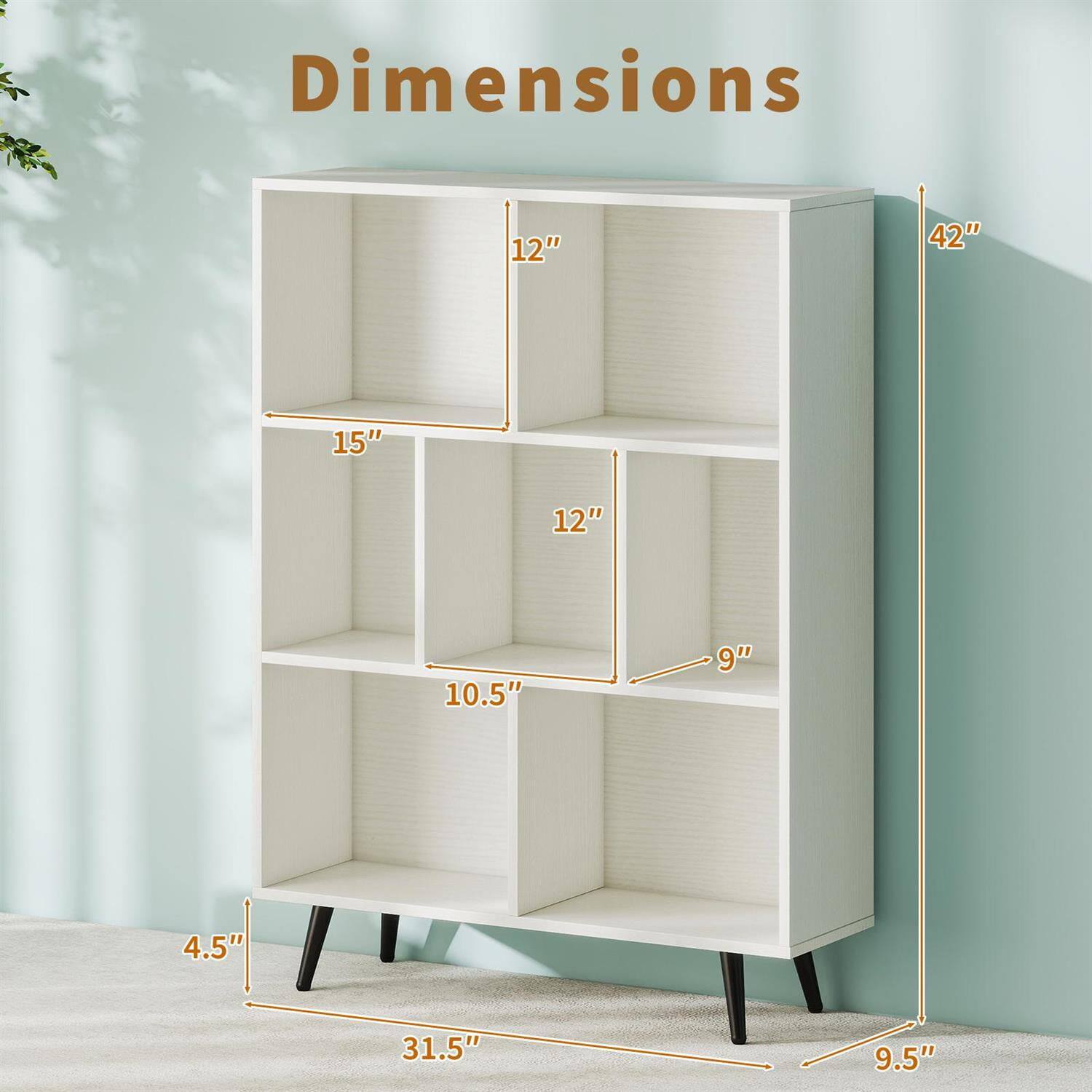 Dimensions: 42" H x 15" W x 12" D  
Shelf Dimensions:  
- Top Shelf: 12" W x 10.5" D  
- Middle Shelf: 12" W x 9" D  
- Bottom Shelf: 12" W x 10.5" D  
Overall Depth: 12"  
Overall Width: 15"  
Overall Height: 42"  
Leg Height: 4.5"  
Floor to Bottom Shelf: 31.5"  
Front to Back: 9.5"