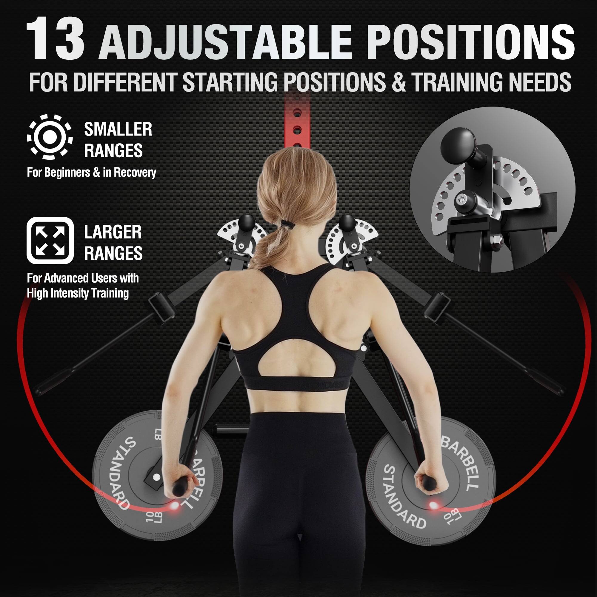 13 ADJUSTABLE POSITIONS FOR DIFFERENT STARTING POSITIONS & TRAINING NEEDS

SMALLER RANGES
For Beginners & in Recovery

LARGER RANGES
For Advanced Users with High Intensity Training

LB STANDARD 10
ARDELL BARBELL STANDARD 18