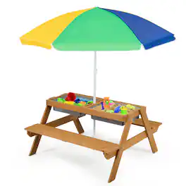 Costway - 3-in-1 Kids Picnic Table Wooden Outdoor Sand & Water Table with Umbrella Play Boxes - Green