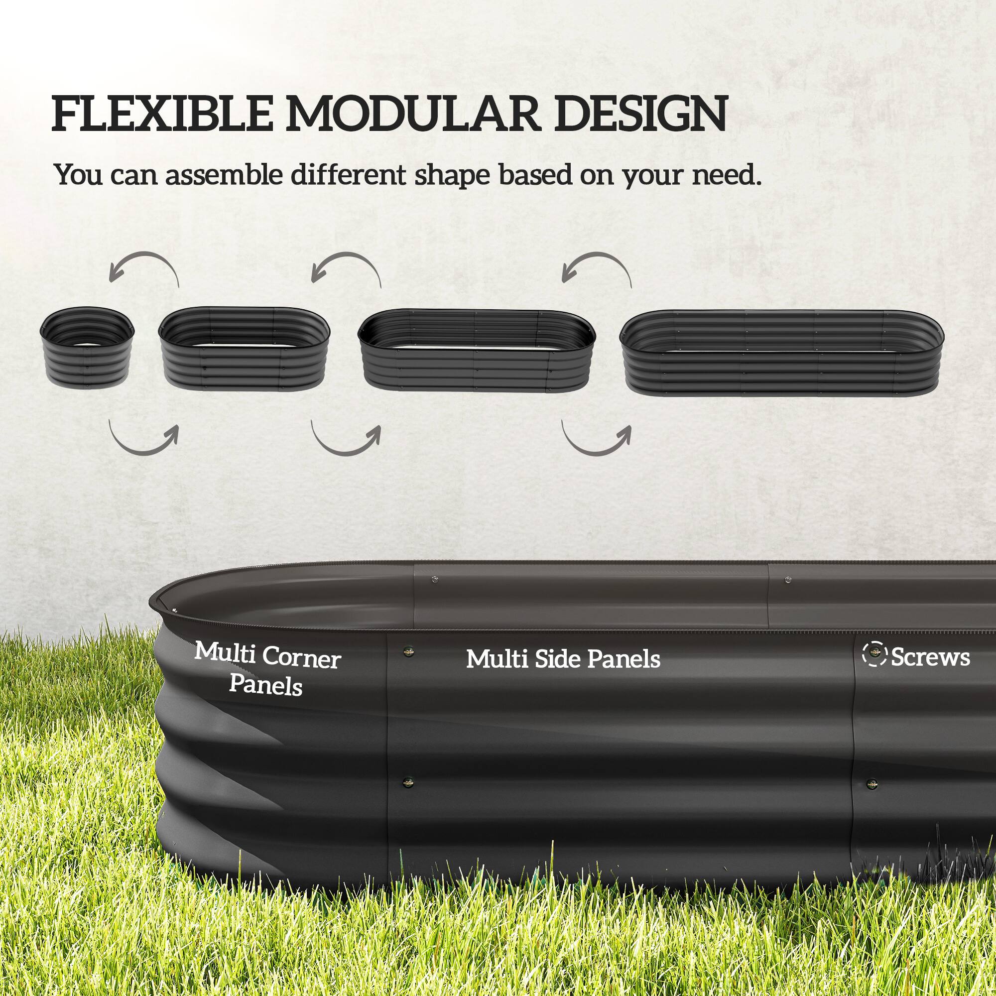 FLEXIBLE MODULAR DESIGN  
You can assemble different shapes based on your need.

Multi Corner Panels  
Multi Side Panels  
Screws
