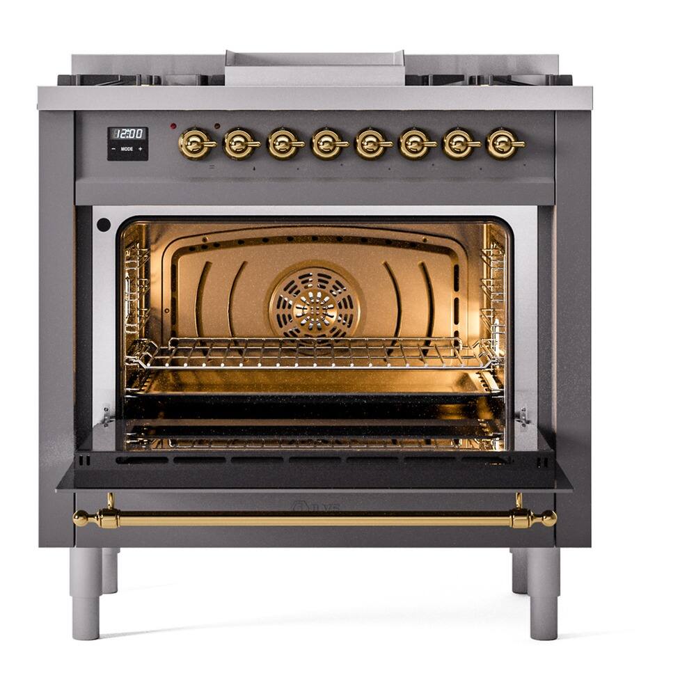 Alt View 2. ILVE - ILVE Nostalgie II 36 inch Dual Fuel Range with 6 Burners and Griddle (Graphite Matte, Brass) - Graphite Matte.