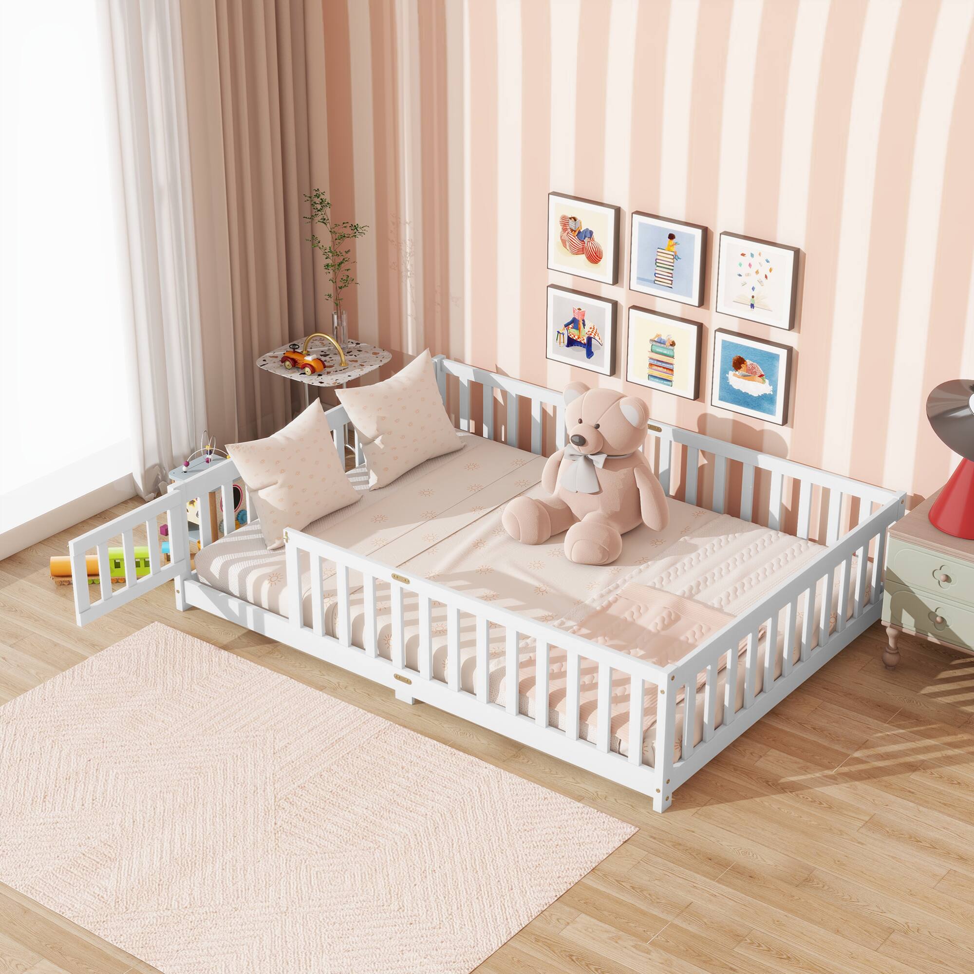 GOODSILO - Full Size Floor Bed with Safety Fence and Revolving Door for Children, Sturdy Rubber Wood Construction - White