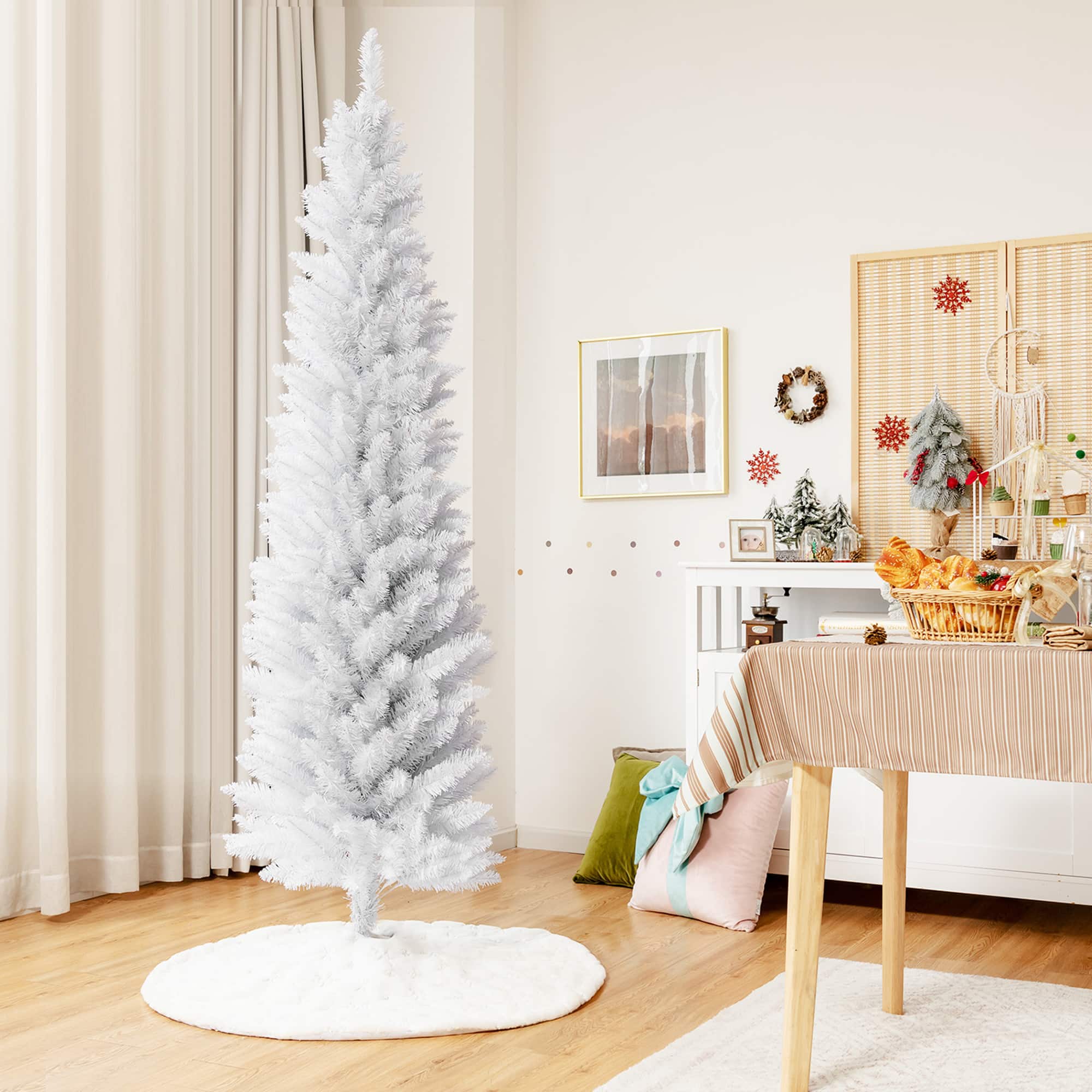 Gymax - 7 FT Artificial Pencil Christmas Tree Leafy Unlit Slim Xmas Tree - White