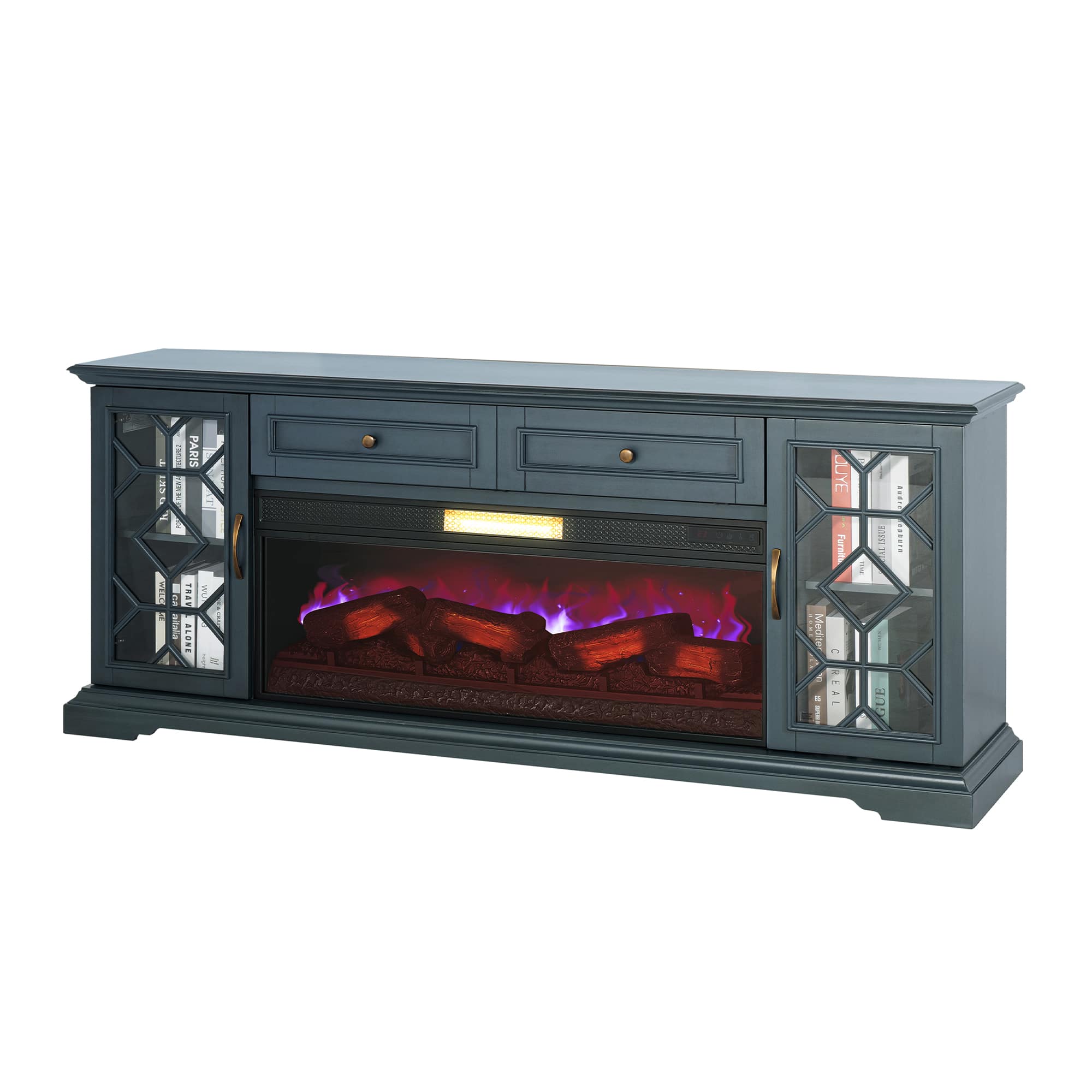 Vaczon - 74" Fireplace TV Stand with Electric Fireplace, Entertainment Center Media Console with Storage Cabinets for Living Room - Blue Gray