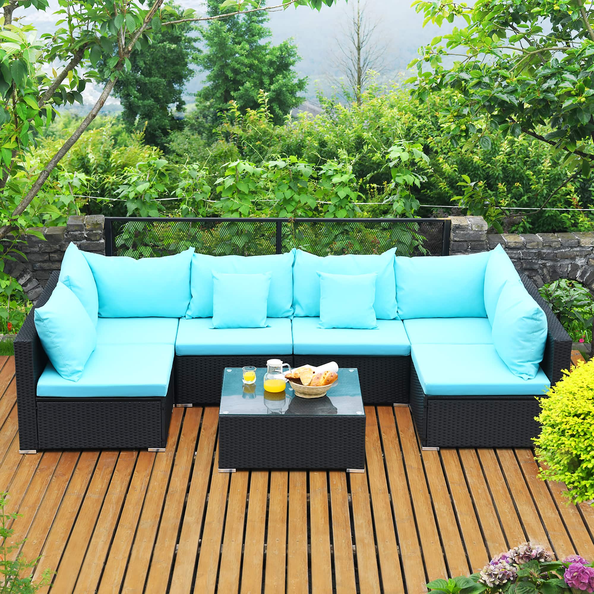Costway - 7PCS Patio Wicker Sofa Set Sectional Conversation Furniture Set Garden - Turquoise