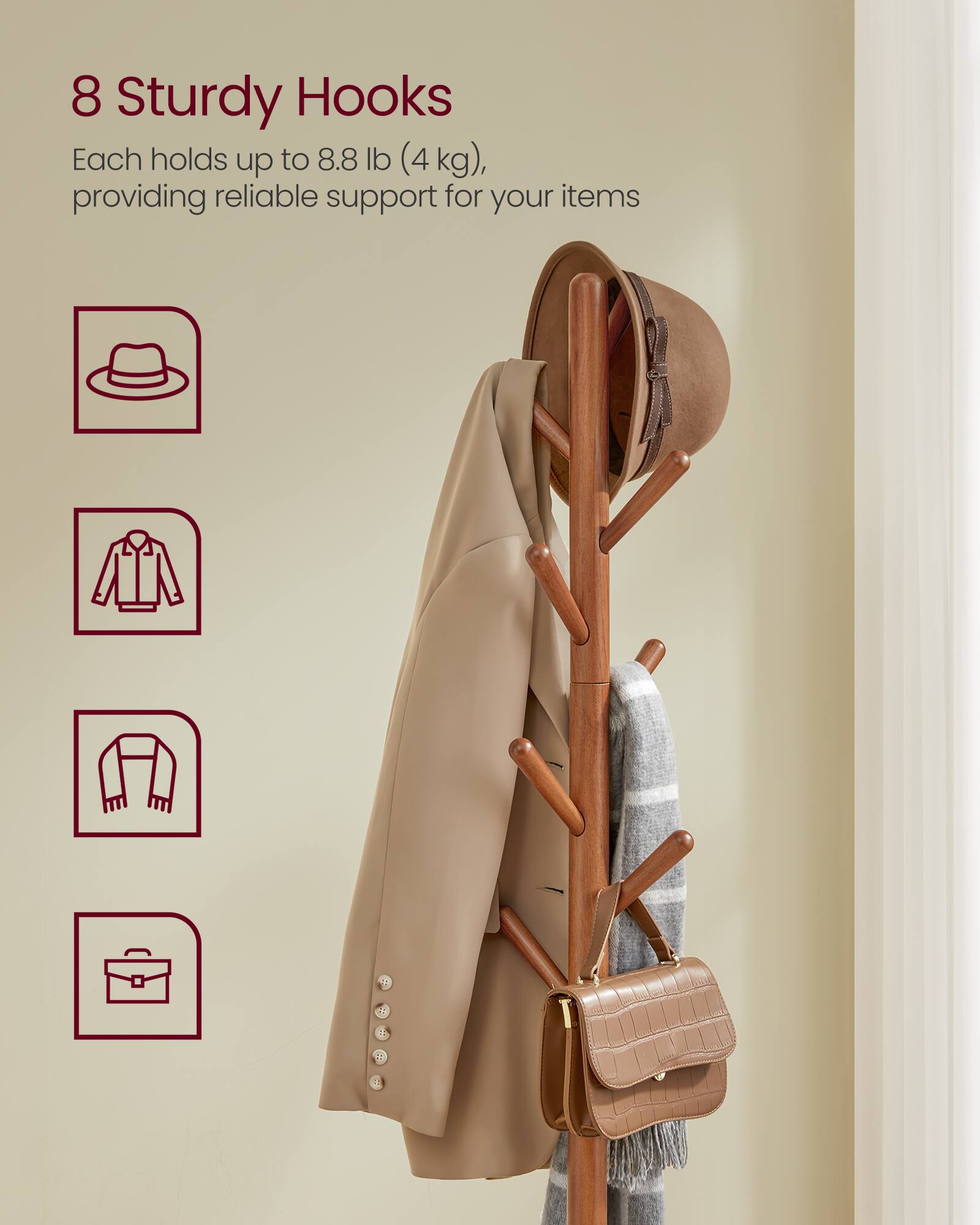 8 Sturdy Hooks  
Each holds up to 8.8 lb (4 kg), providing reliable support for your items