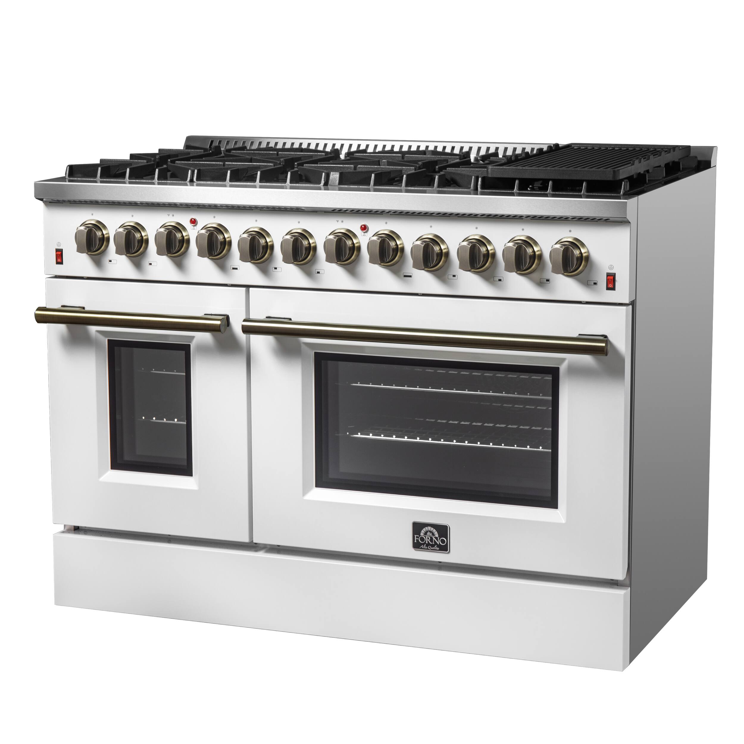 Angle. Forno Appliances - 48 in. Wide 8 Burner Galiano 6.58 Cu. Ft. Freestanding Dual Fuel Range with Convection Oven and Griddle - White Door.