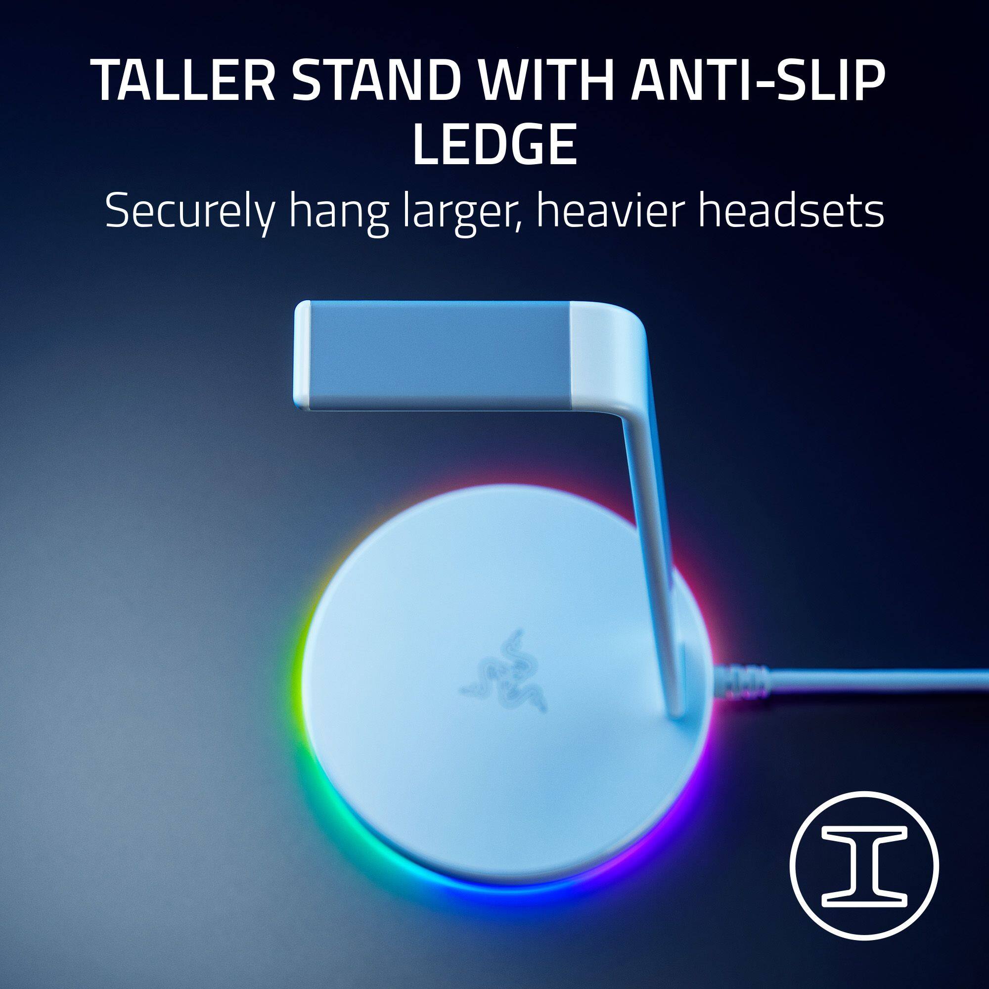TALLER STAND WITH ANTI-SLIP LEDGE: Securely hang larger, heavier headsets.
