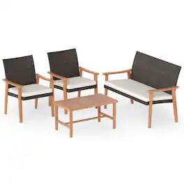 Gymax - Gymax4 OCS Patio Furniture Set w/Acacia Wood Coffee Table & Soft Cushions for Garden Off White - Brown