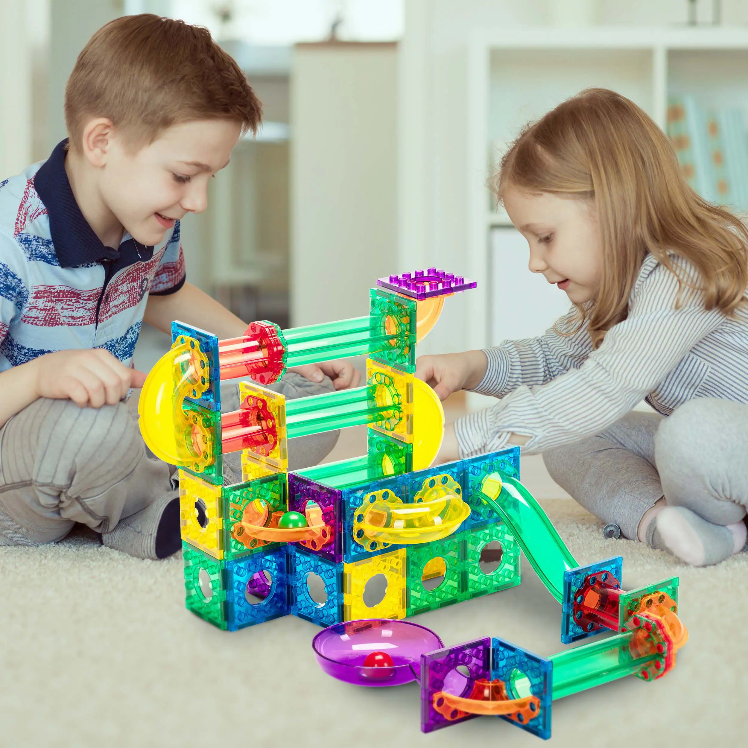 Alt View 2. Everplay - Everyplay Marble Run Magnetic Tiles for Kids, 100PCS, Construction Magnet Tiles Race Track Building Blocks STEM Toy - Multicolor.