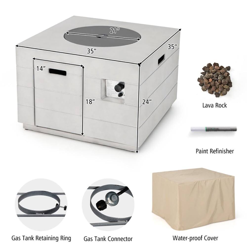 21" 35" 35" 14" 18" 24"  
Lava Rock  
Paint Refinisher  
Gas Tank Retaining Ring  
Gas Tank Connector  
Water-proof Cover