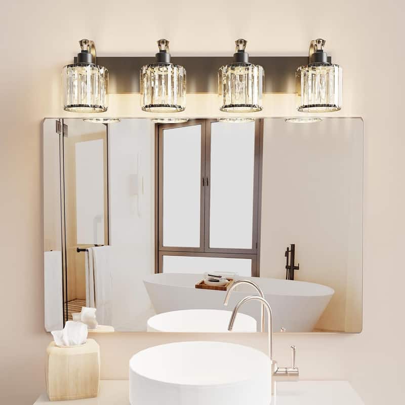 Qeetex - 4 lamp Light Black Modern Crystal Table Lamp Mirror Headlight, Round Lampshade, Suitable for Bathroom