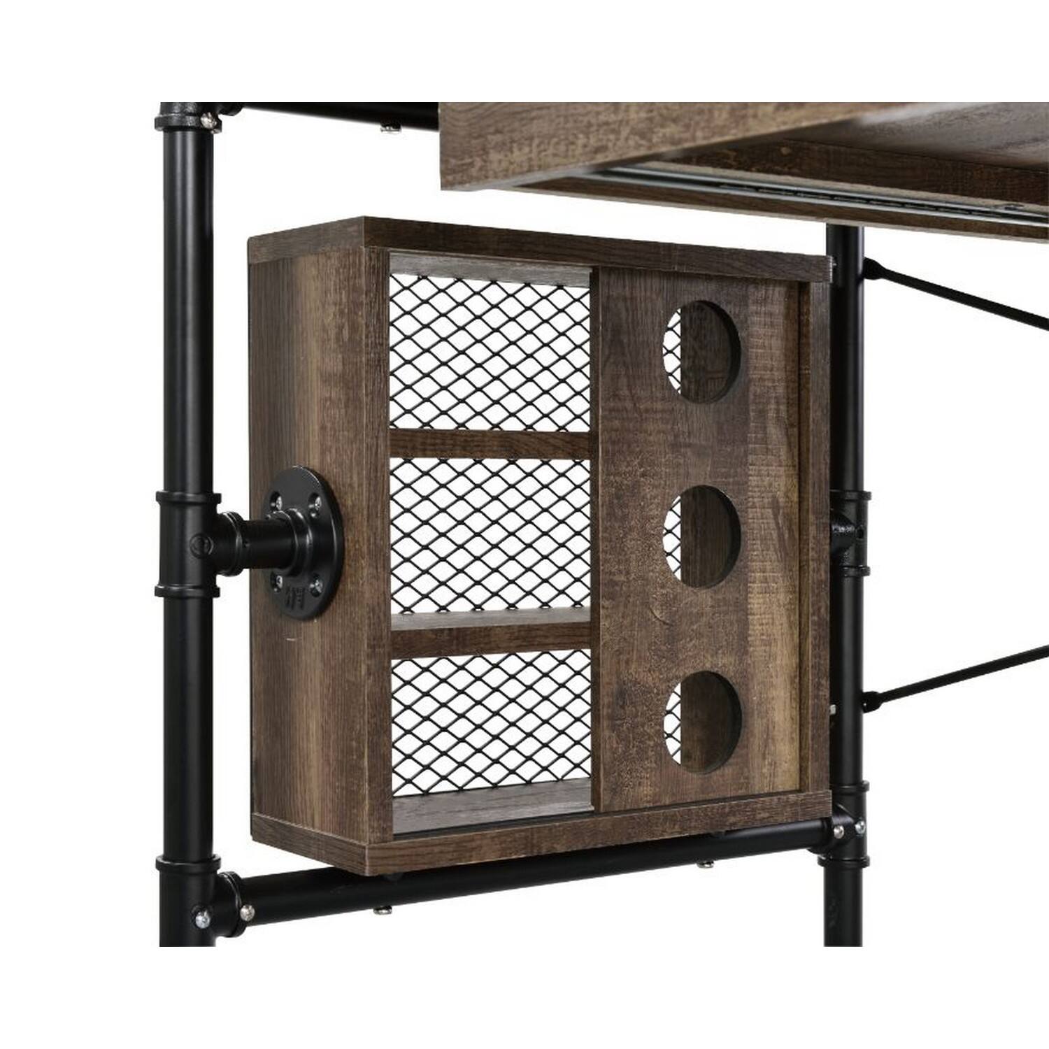 Angle. Manhattan Lane - Writing Desk with Industrial Style and 3 Tier Sleek Side Shelves, Oak Brown - Brown.
